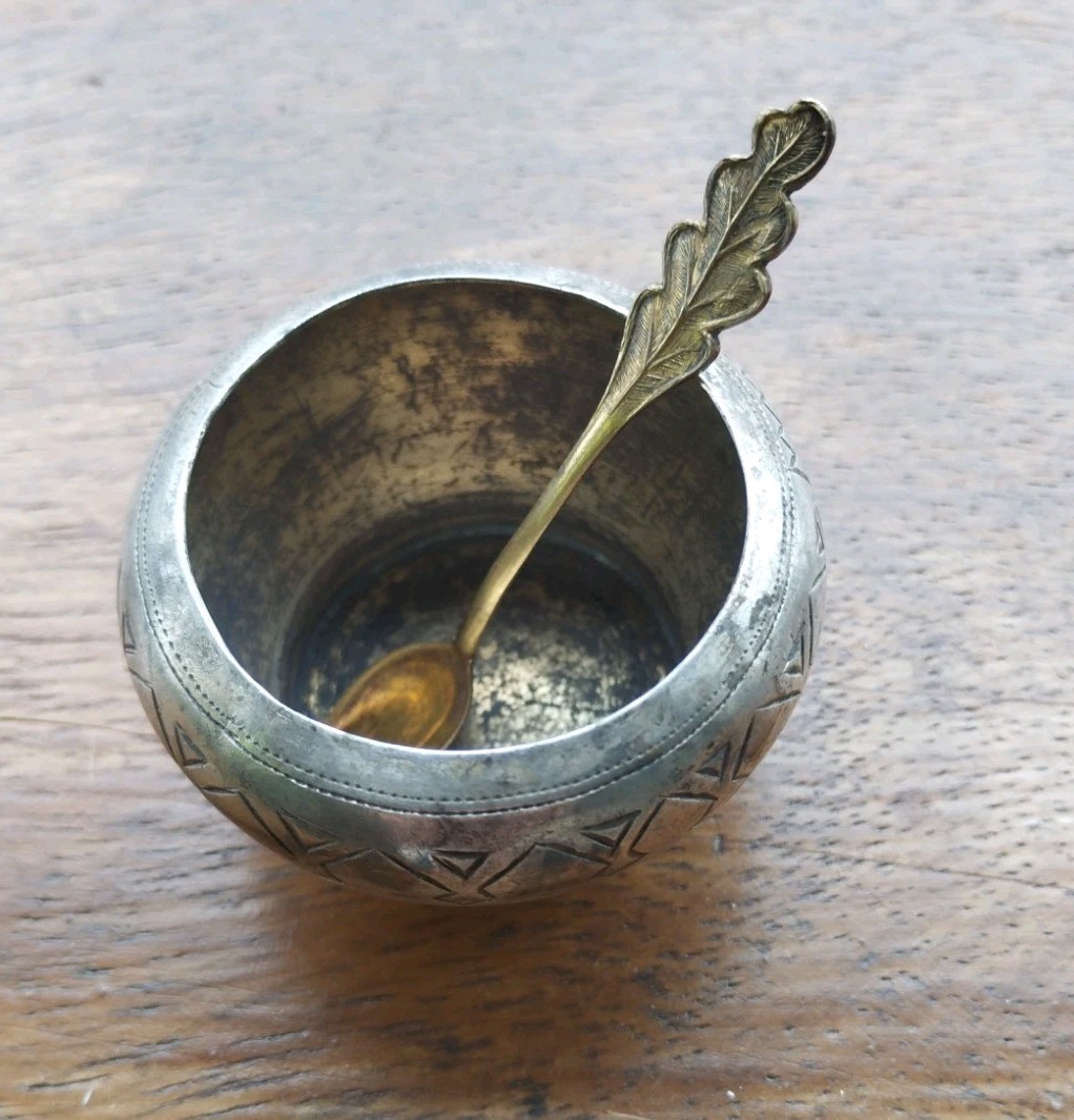 Antique Russian silver 84 samples – antique salt shaker and spoon 875. 1890 Л.О