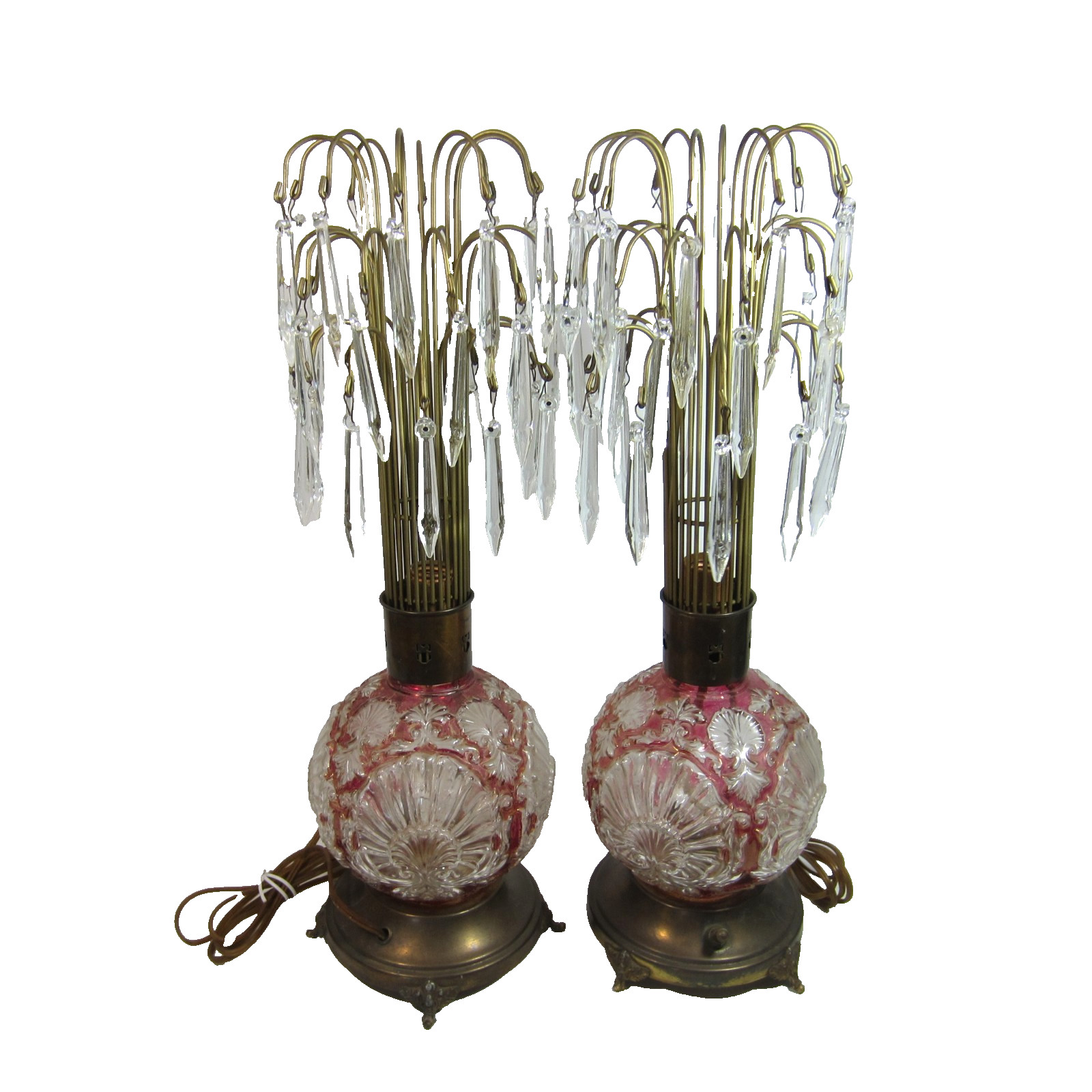 Hollywood Regency Waterfall Lamps Crystal Prisms Art Deco Boudoir VTG 40s PAIR