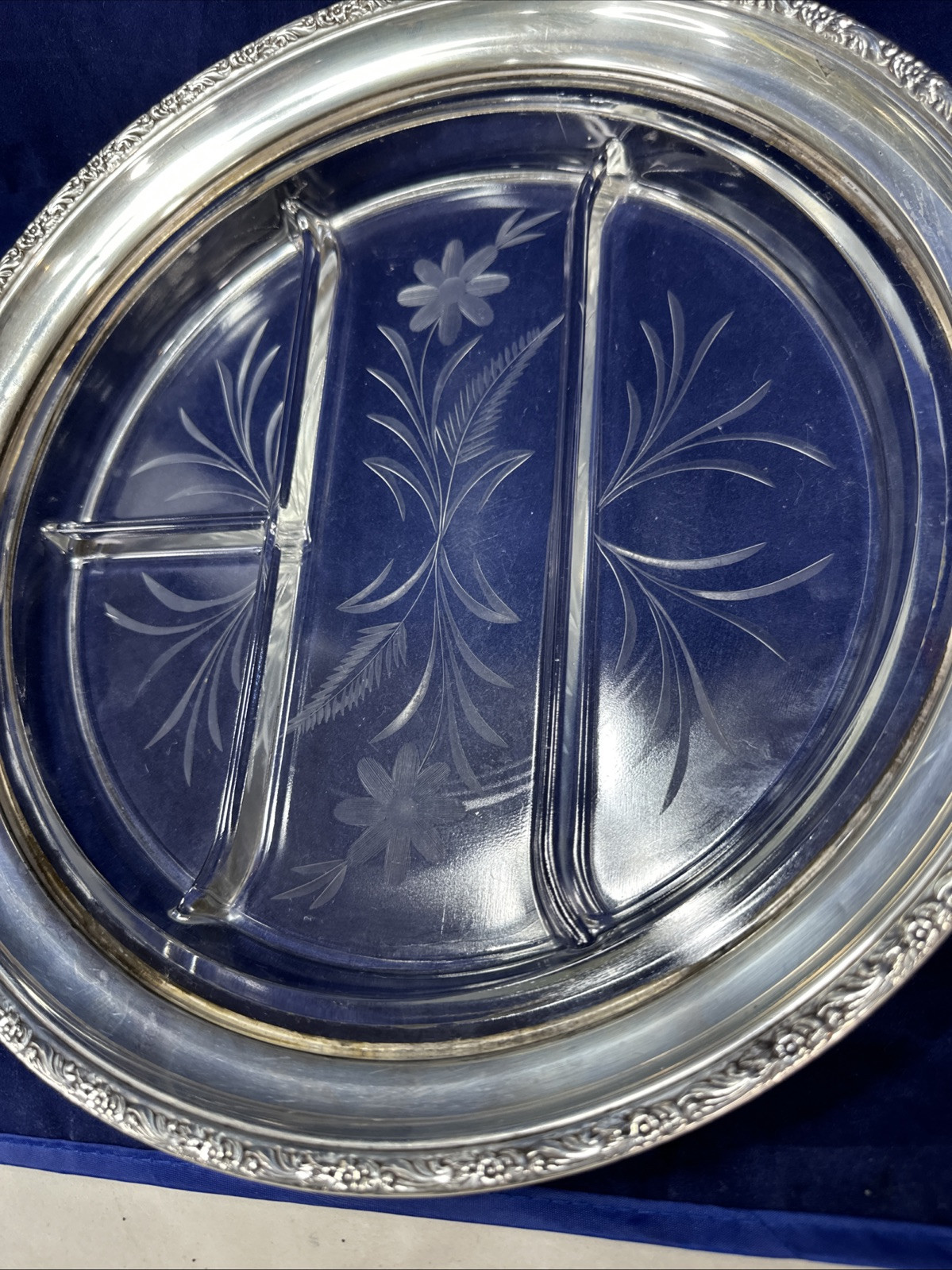 Frank M. Whiting Sectional 12″ Glass Dish with Sterling Silver Rim