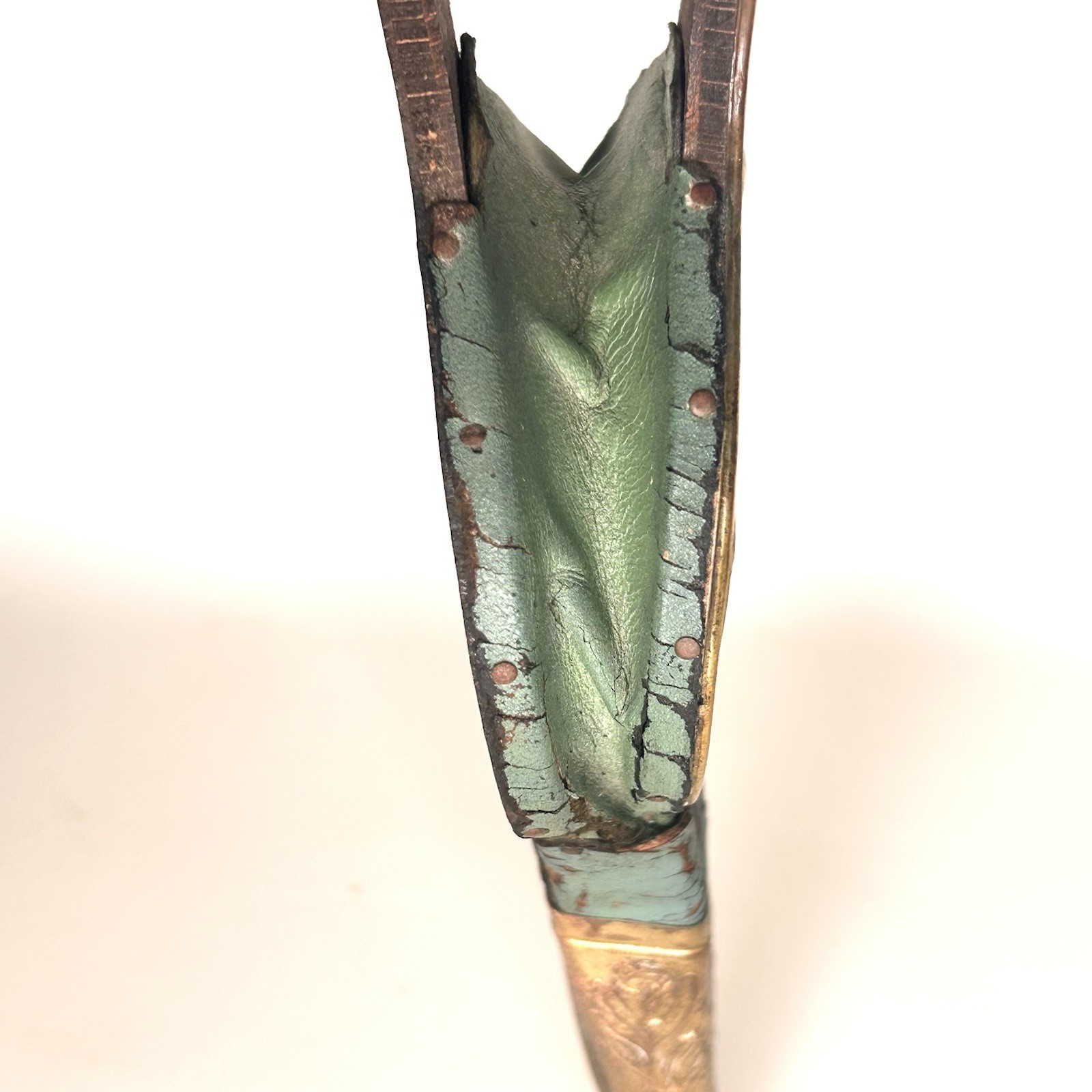 Antique Fireplace Bellow Brass Embossed Floral Wood Teal Leather Academia Decor