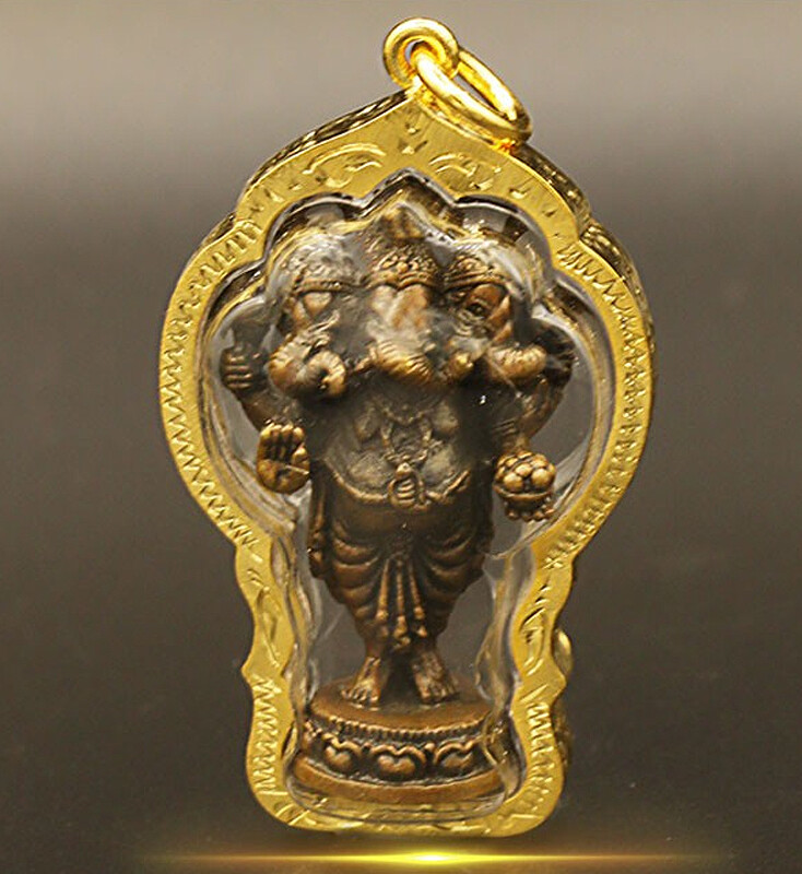 Lord Ganesh 3 Heads Hindu God Gold Micron Pendant Om Jewelry Thai Amulet