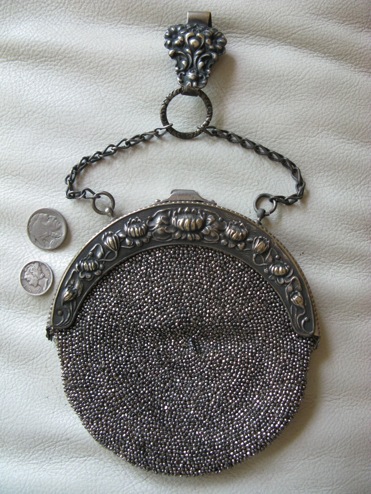 Antique Floral Steel Micro Bead Chatelaine Belt Clip Leather Kilt Purse #9