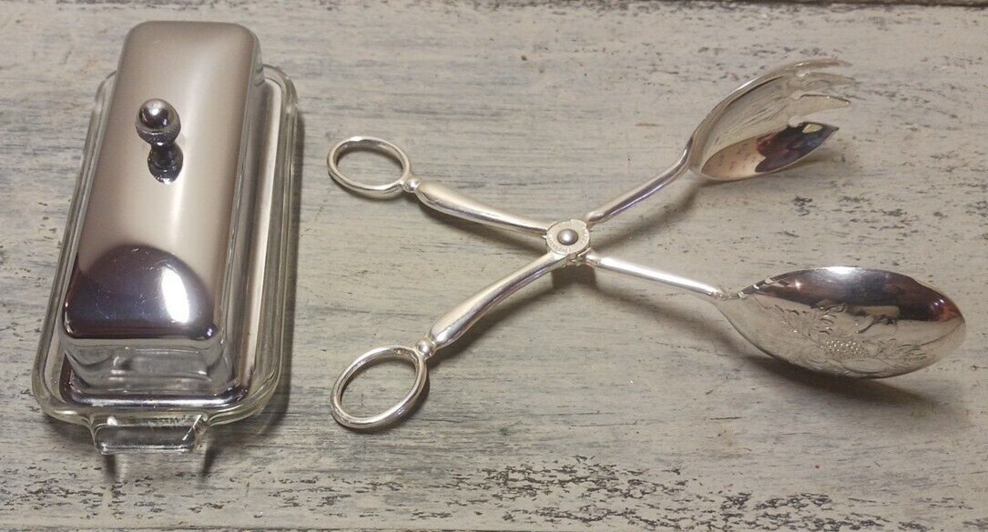 EP ZINC Embossed Silverplate Serving Tong & Silver Glass Bottom Butter Dish