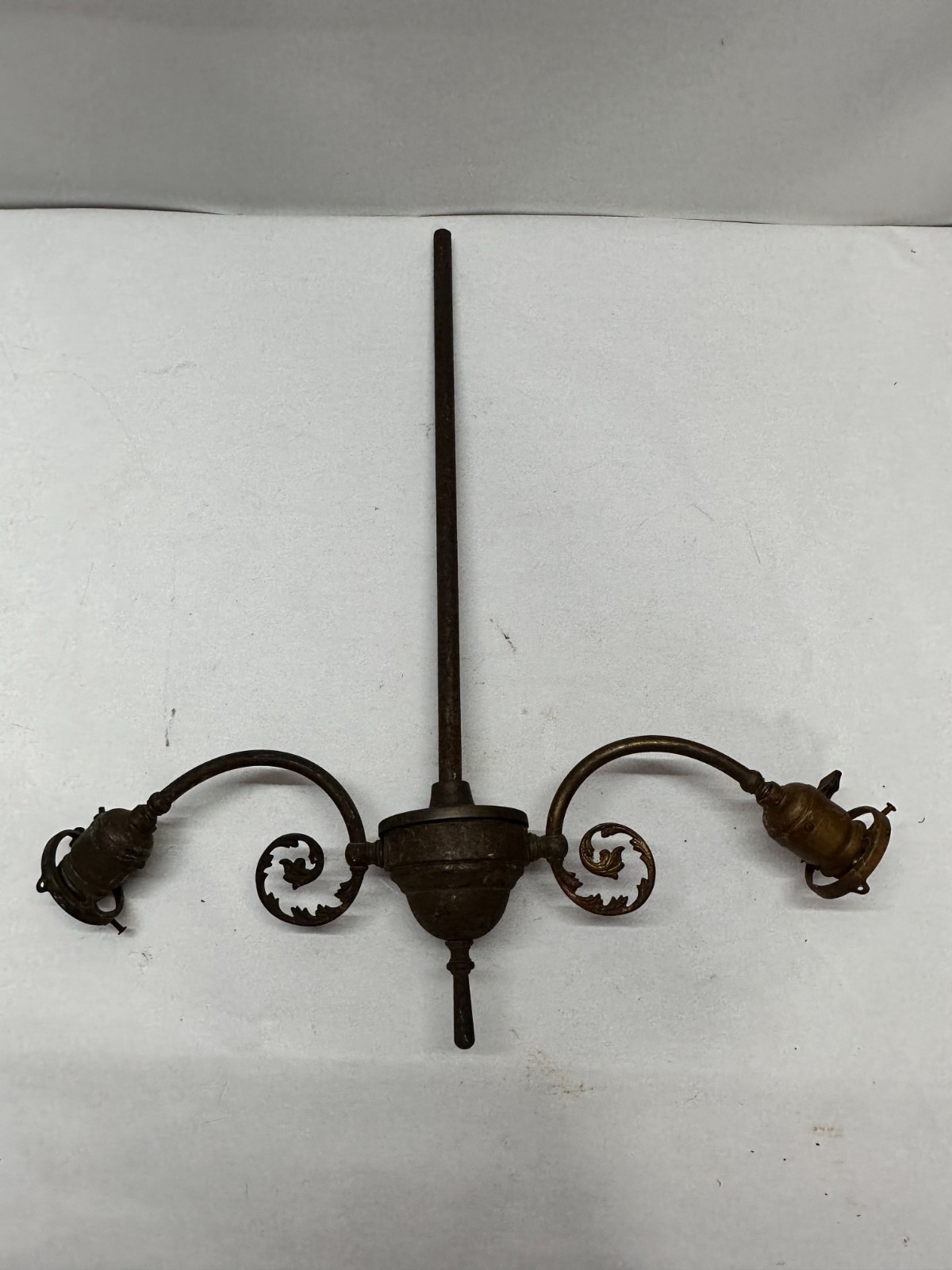 Antique Double Arm Brass Hanging Electric Light Fixture w/ Shade Holders Mica L1