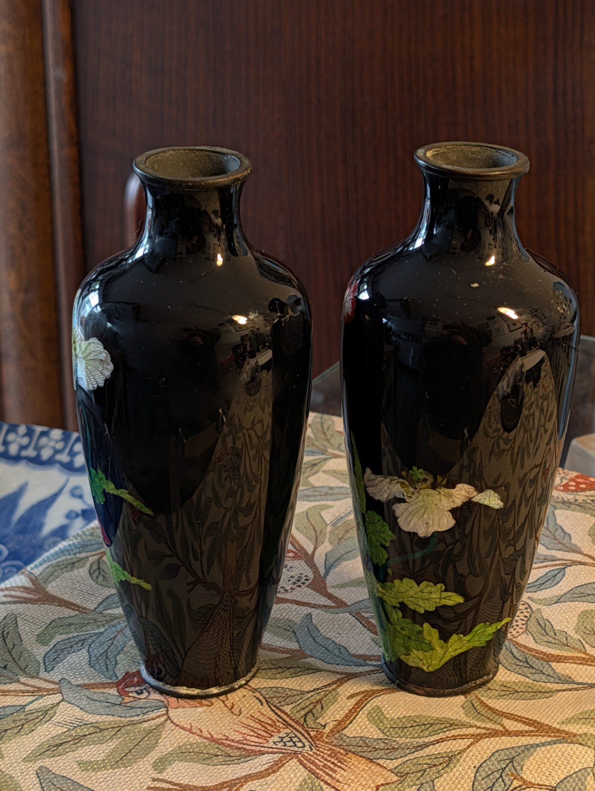 Pair Meiji Ginbari Cloisonné Floral Vases On High Gloss Black Restored