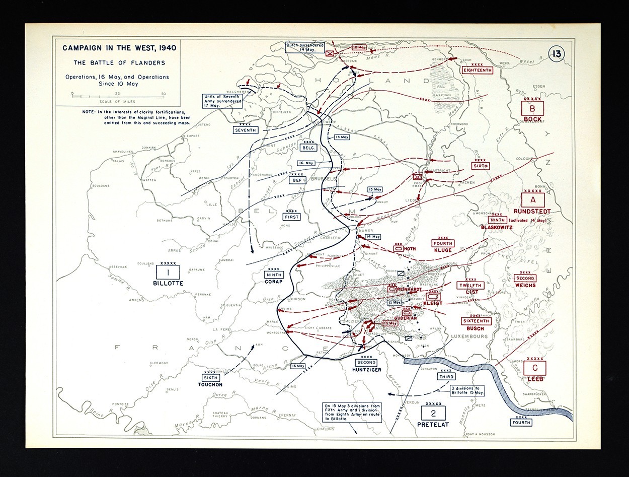 WWII Map 13 Battle of Flanders Holland Belgium France Germany May 1940