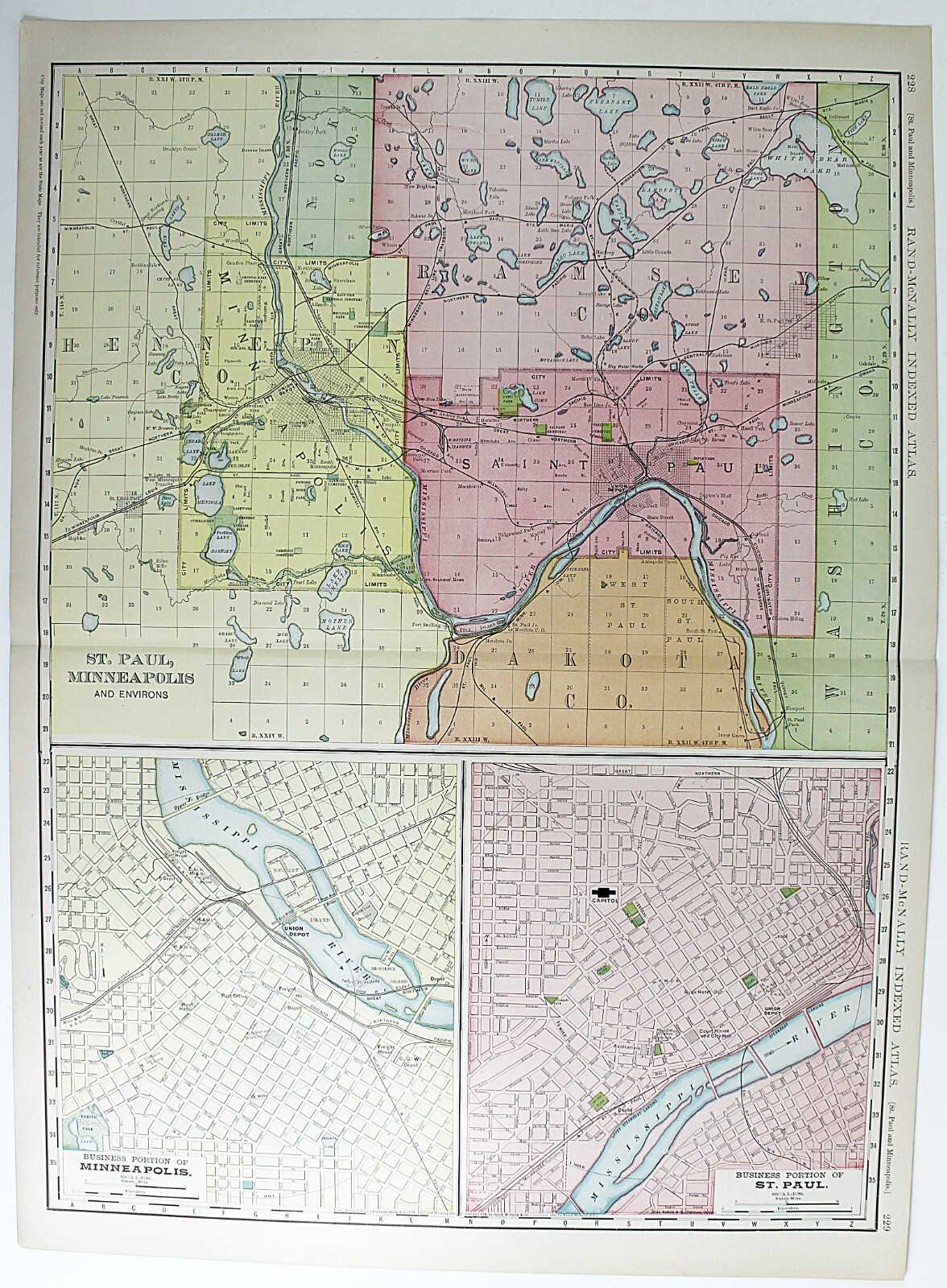 MINNEAPOLIS ST PAUL MINNESOTA City Map Rand McNally 1901 Business Large Folio