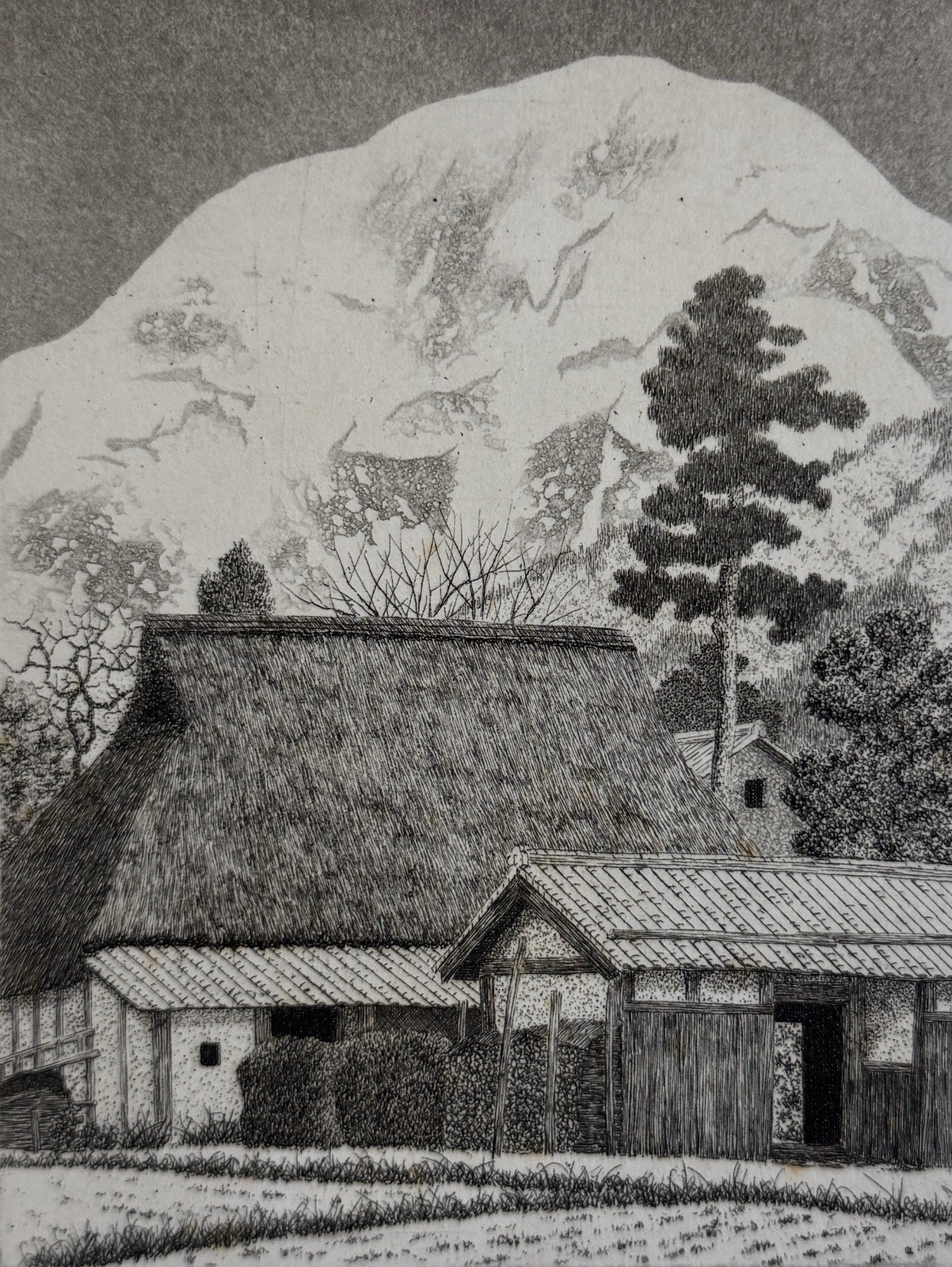 Tanaka Ryohei. Mount Ibuki in March.1978. Japanese Etching Print