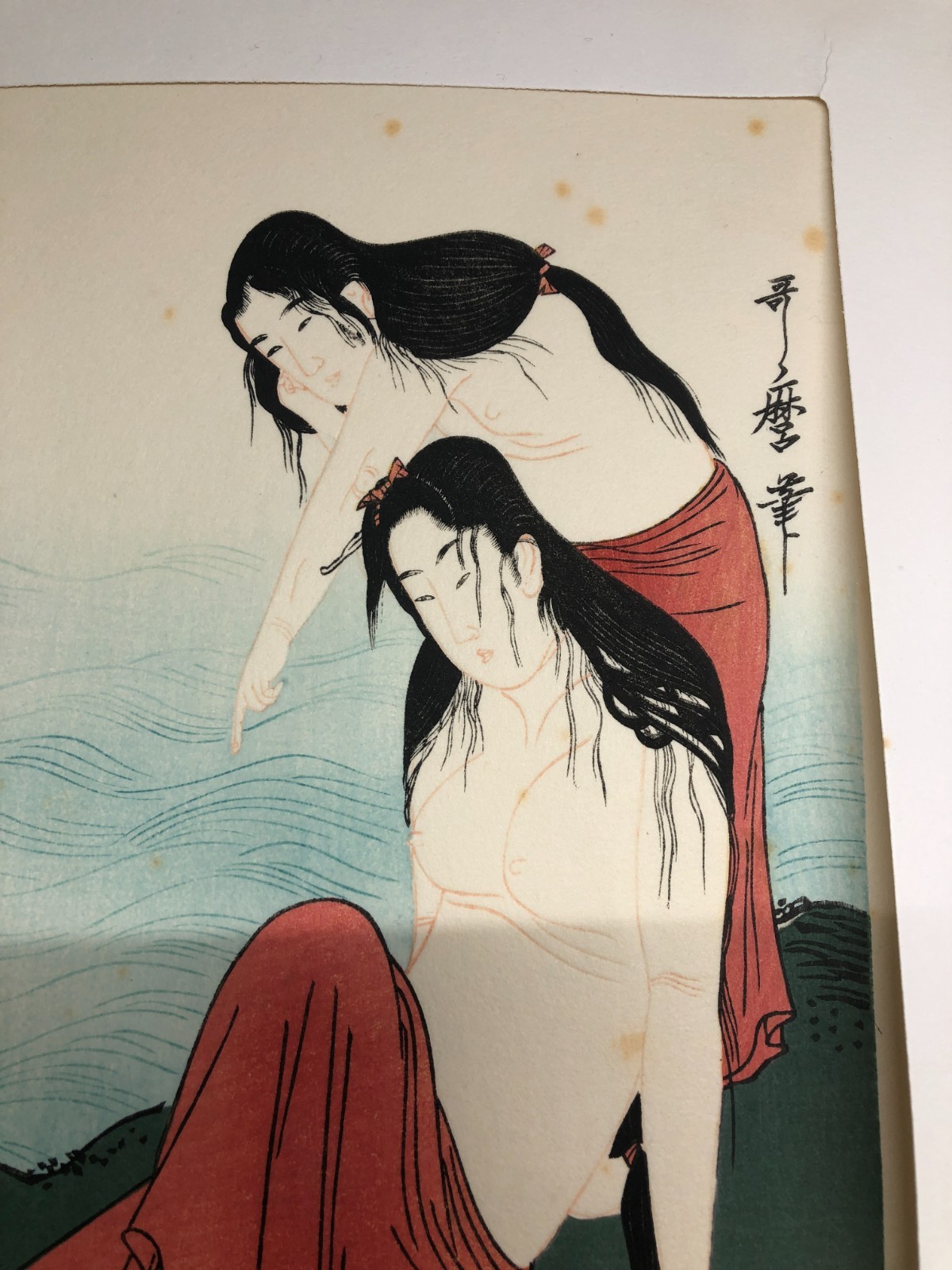 Utamaro Woodblock Reprint Triptych: Abalone catching Bijin-ga Ukiyo-e