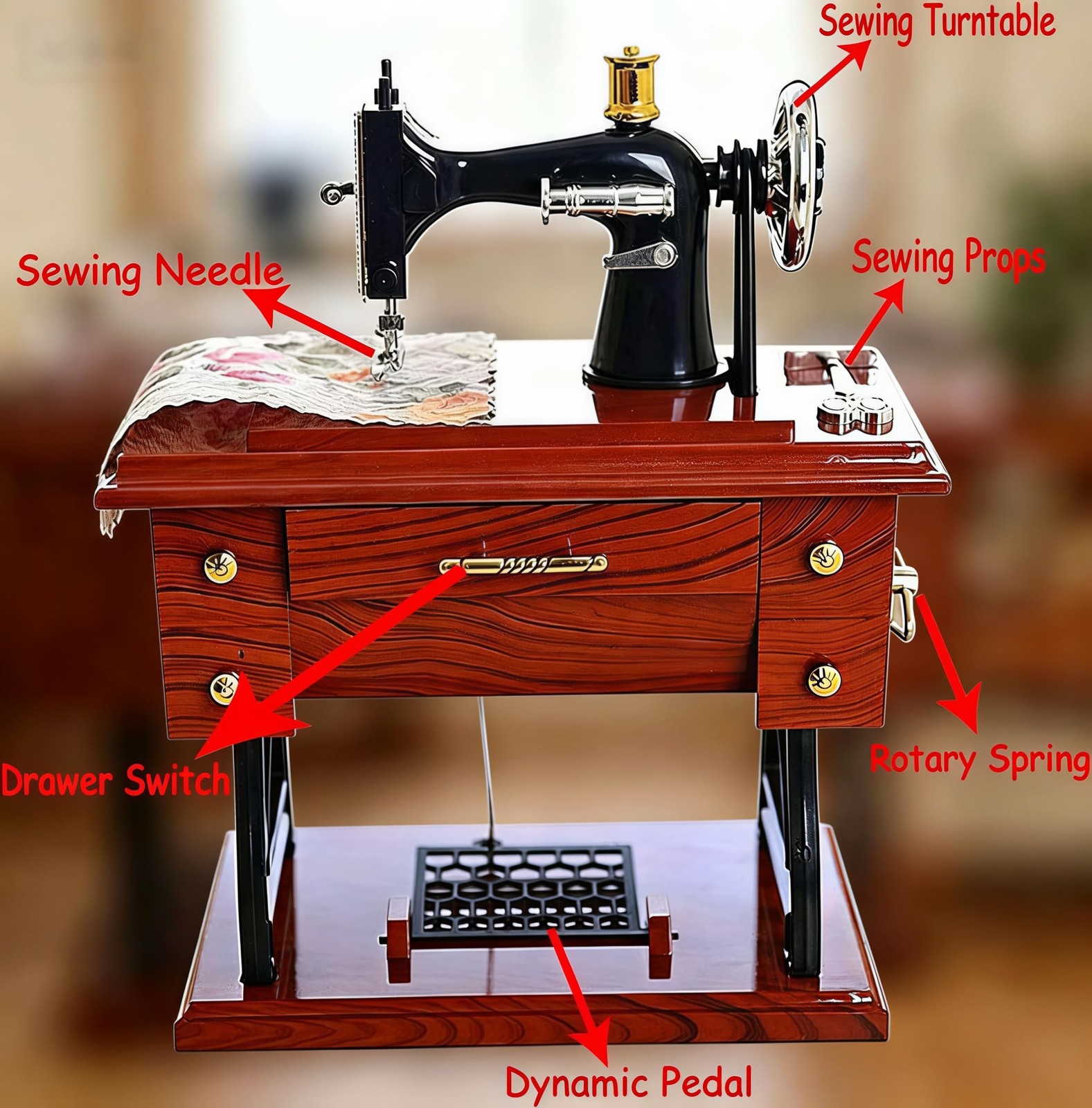 Vintage Mini Sewing Machine Music Box, Brown Plastic Table Mini,