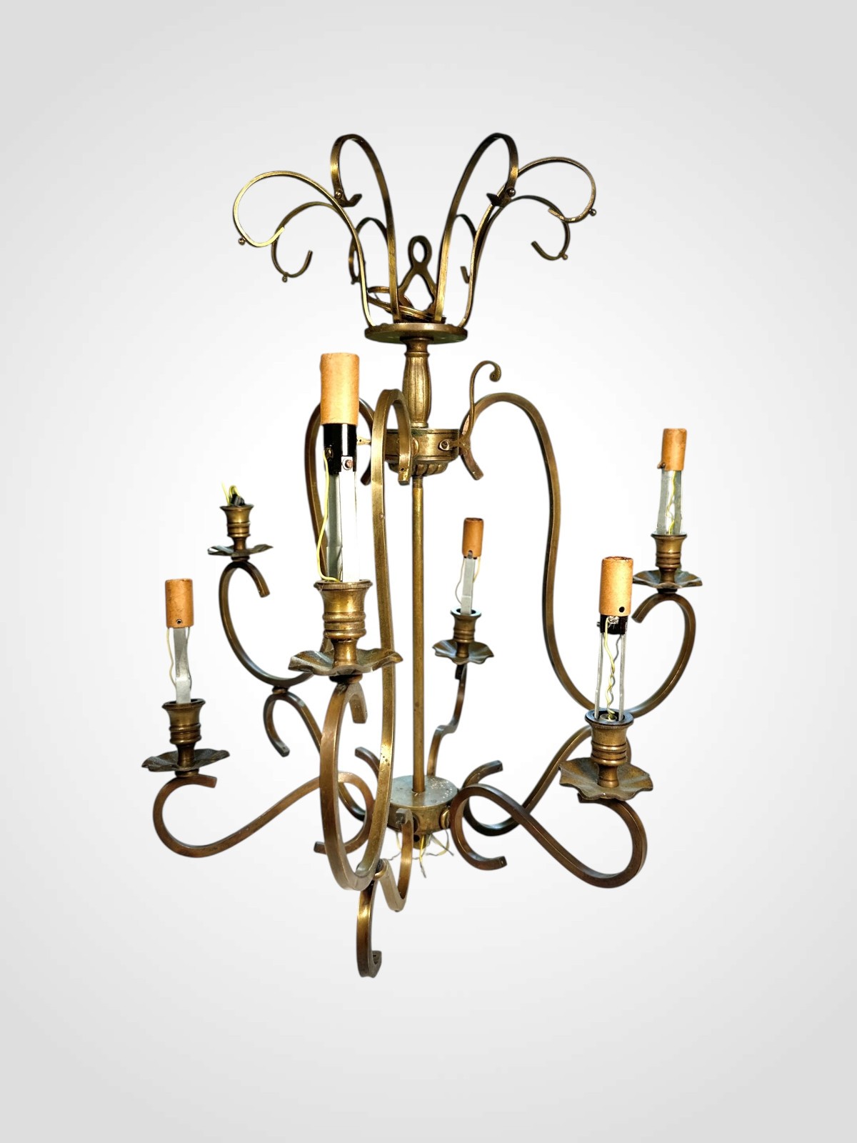Antique Brass 6 Arm Chandelier Italianate Scroll Crown Light Fixture to Restore