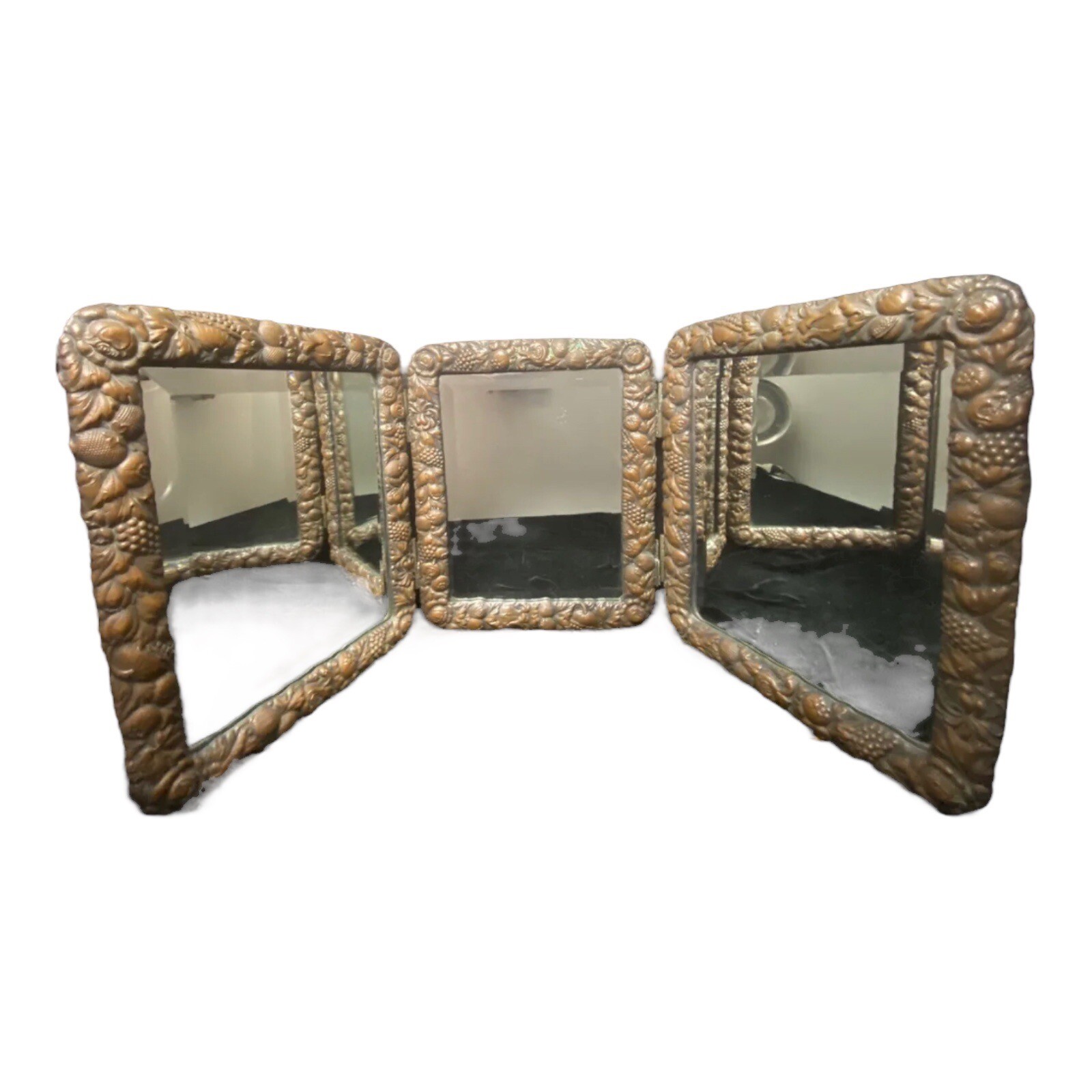 Antique Bronze/ Brass And Silver Back Ornate Tri-Fold Mirror w/ Beveled Glass