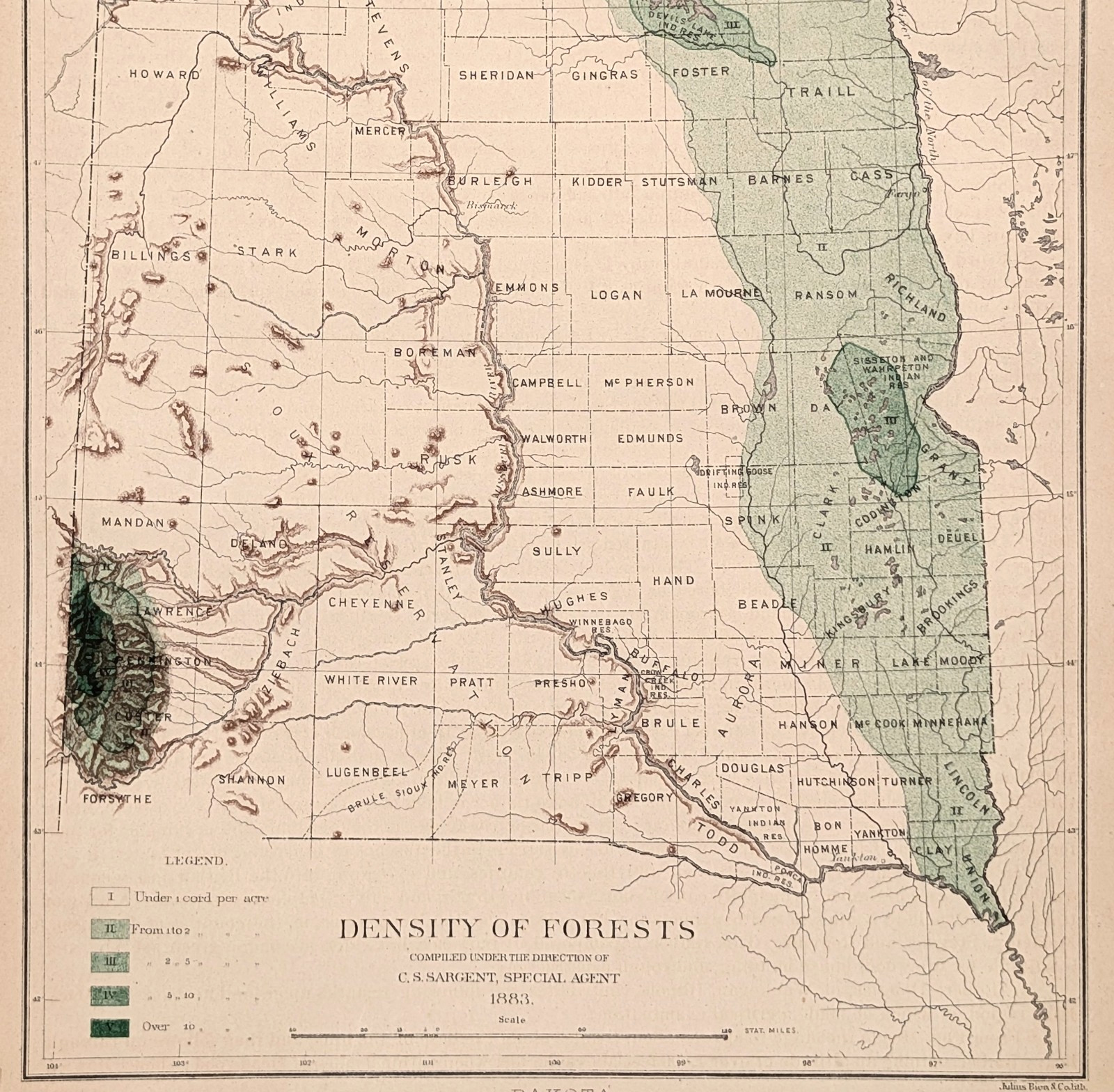 1883 DAKOTA TERRITORY Map ORIGINAL Forest Lands LUMBER INDUSTRY Cord per Acre