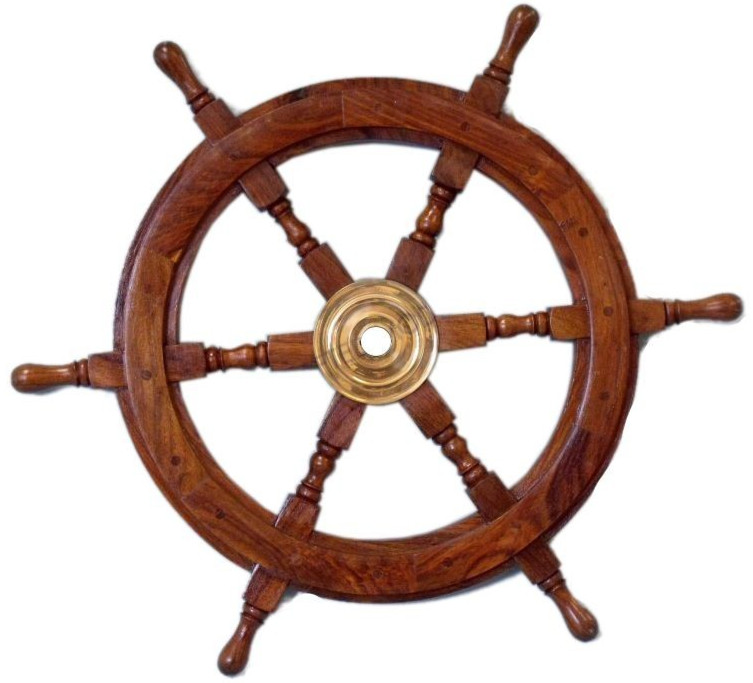 Teak Wood Ships Steering Wheel 30″ Brass Hub Nautical Maritime Boat Wall Decor