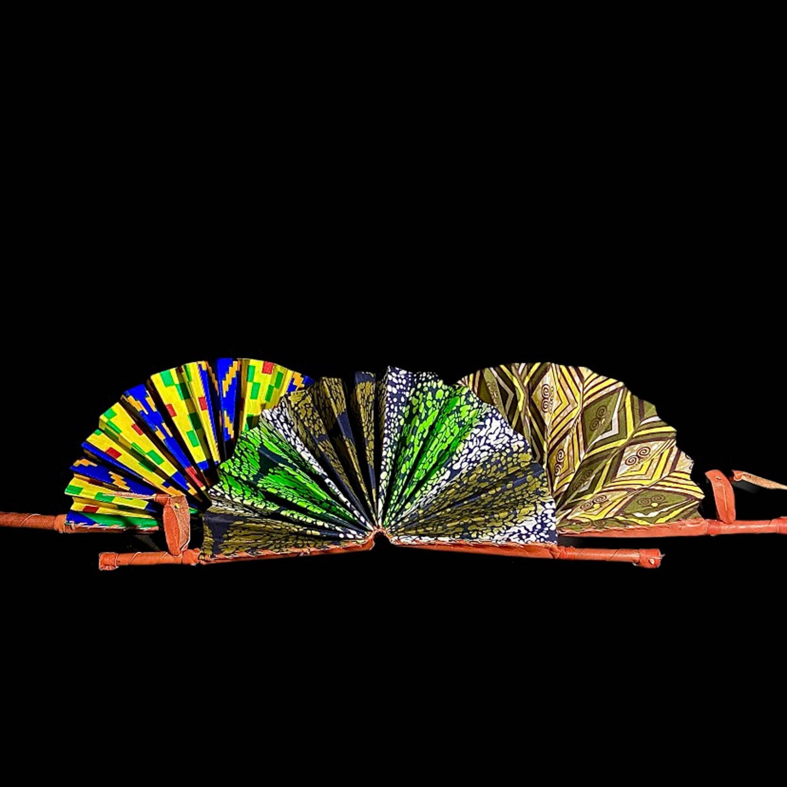 African Kente Cloth Hand Fans Set of 3 Foldable Tribal Art Collectible Deco-7665
