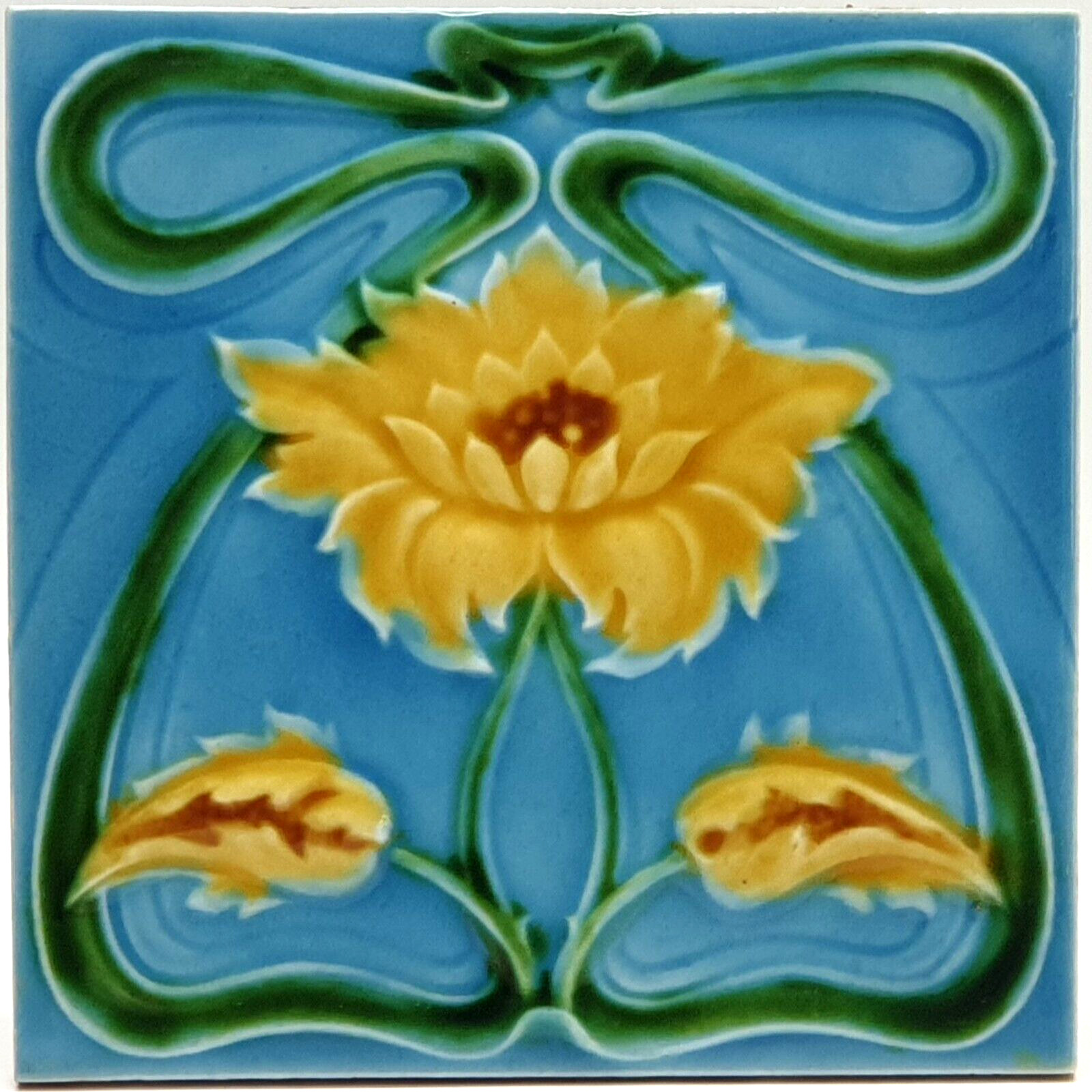 Art Nouveau Fireplace Tile Blue Glaze Floral Majolica by Alfred Meakin C1900 AE3