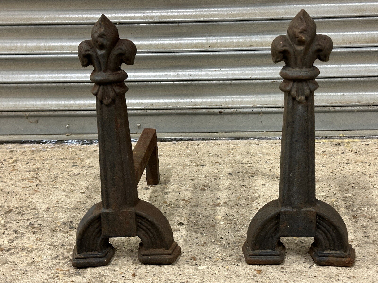 Antique Art Deco Period Reclaimed Fleur De Lys Cast Iron Fire Dogs