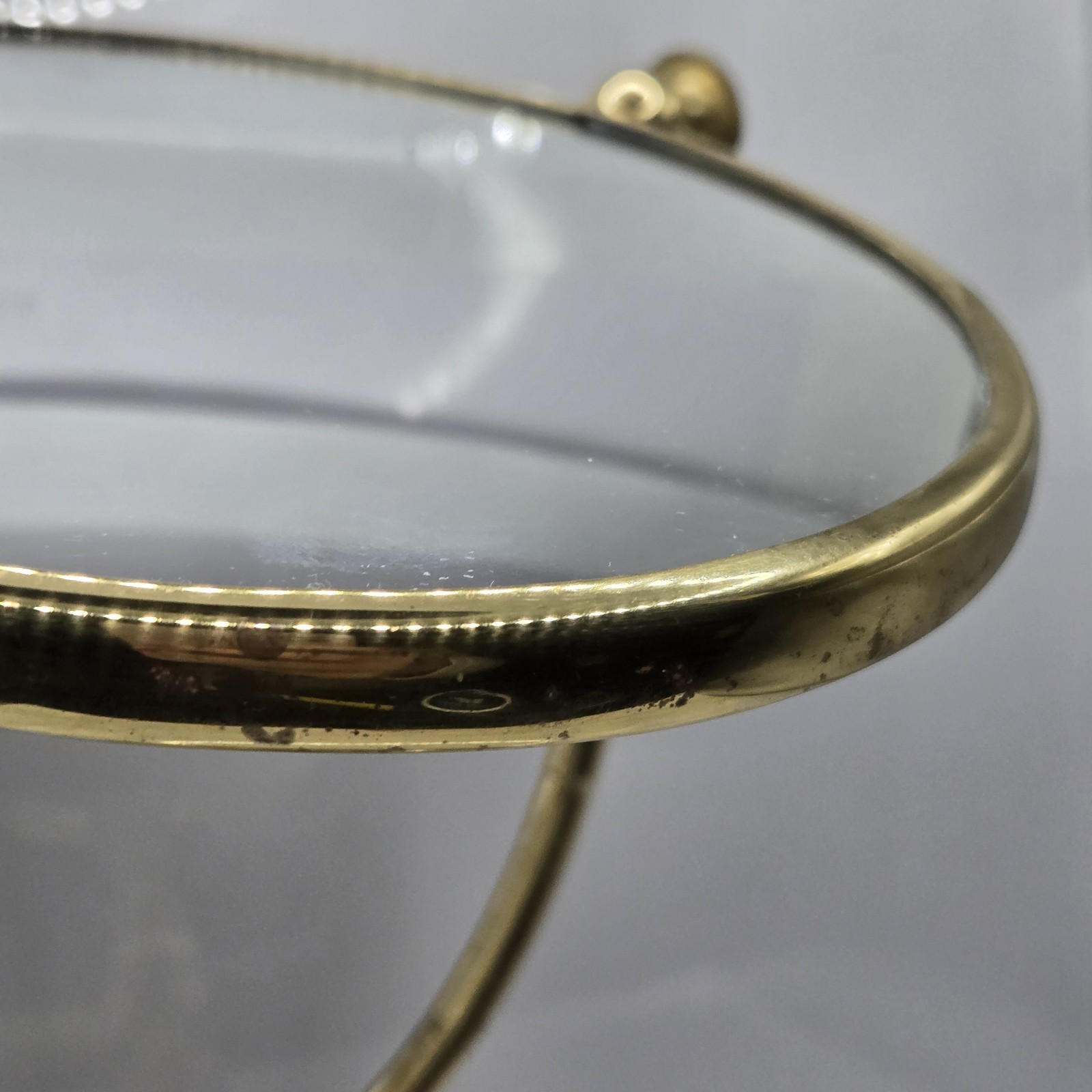 Vintage 1970s Golden Brass Round Vanity Pedestal Double Sided Mirror 13″H 8″W