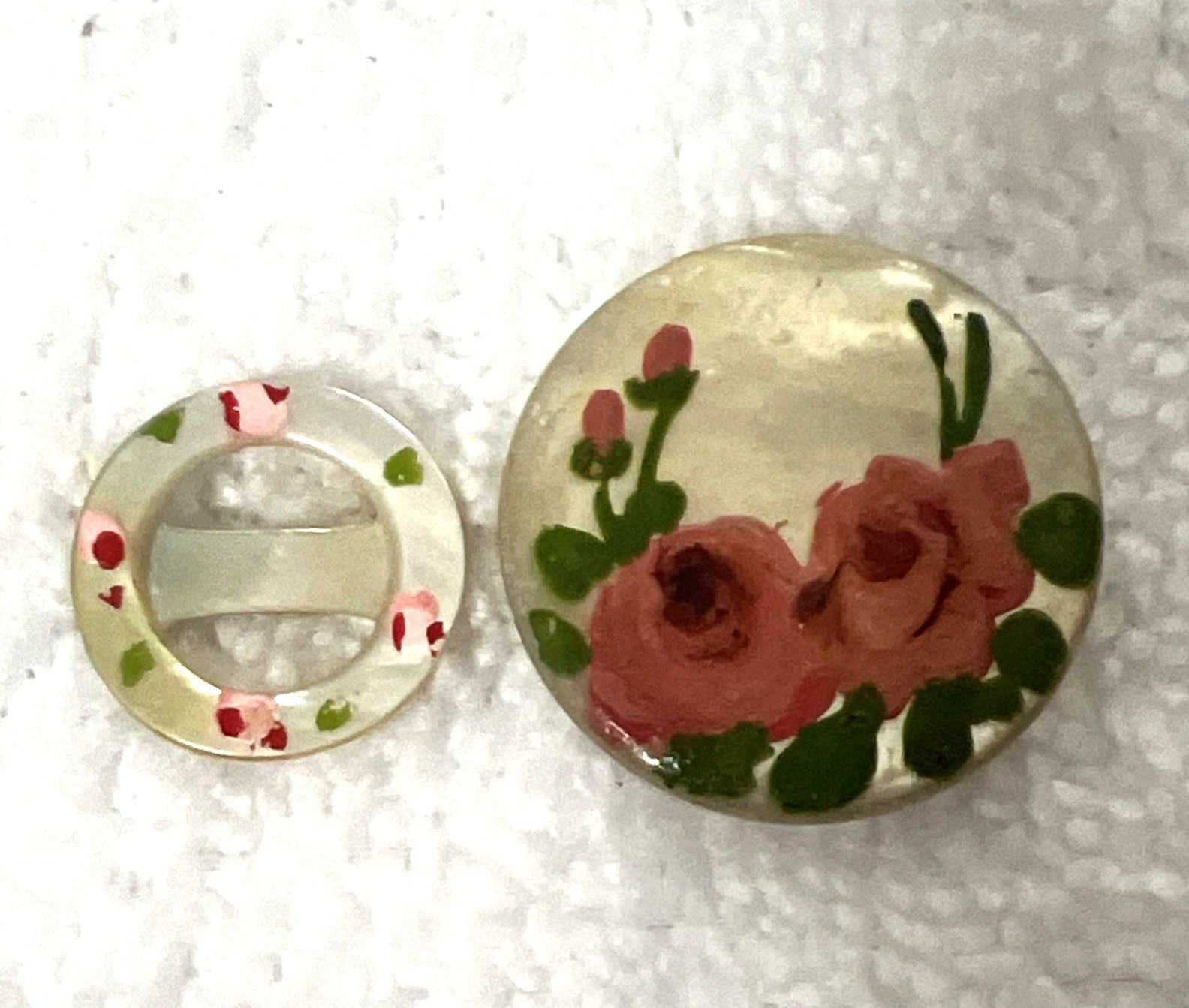 Vintage Hand Painted Flowers Mother of Pearl Button Ribbon Slide