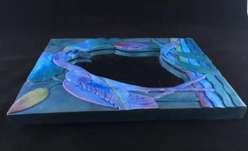 Handmade Hand-painted Indonesia Wooden Blue Crane Wall Mirror 9.875×7.375″