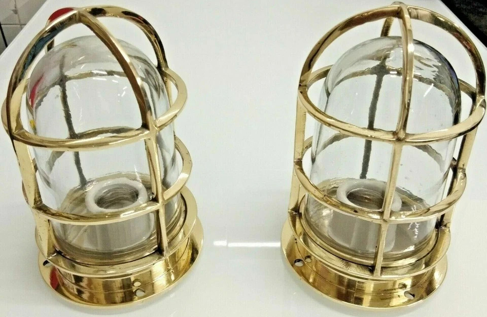 Set of 2 Nautical Brass Bulkhead Post Mounted Wall Light –Alleyway Outdoor Lamp