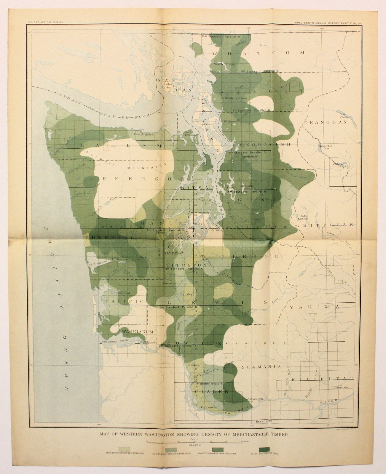 1899 Map Western Washington Merchantable Timber Density USGS Julius Bien Antique