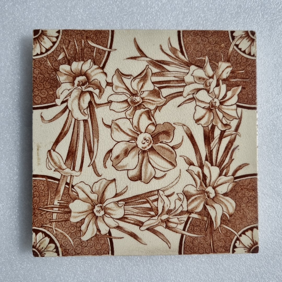 Antique Floral Ceramic Tile Brown Transfer Victorian Reclaimed c1890