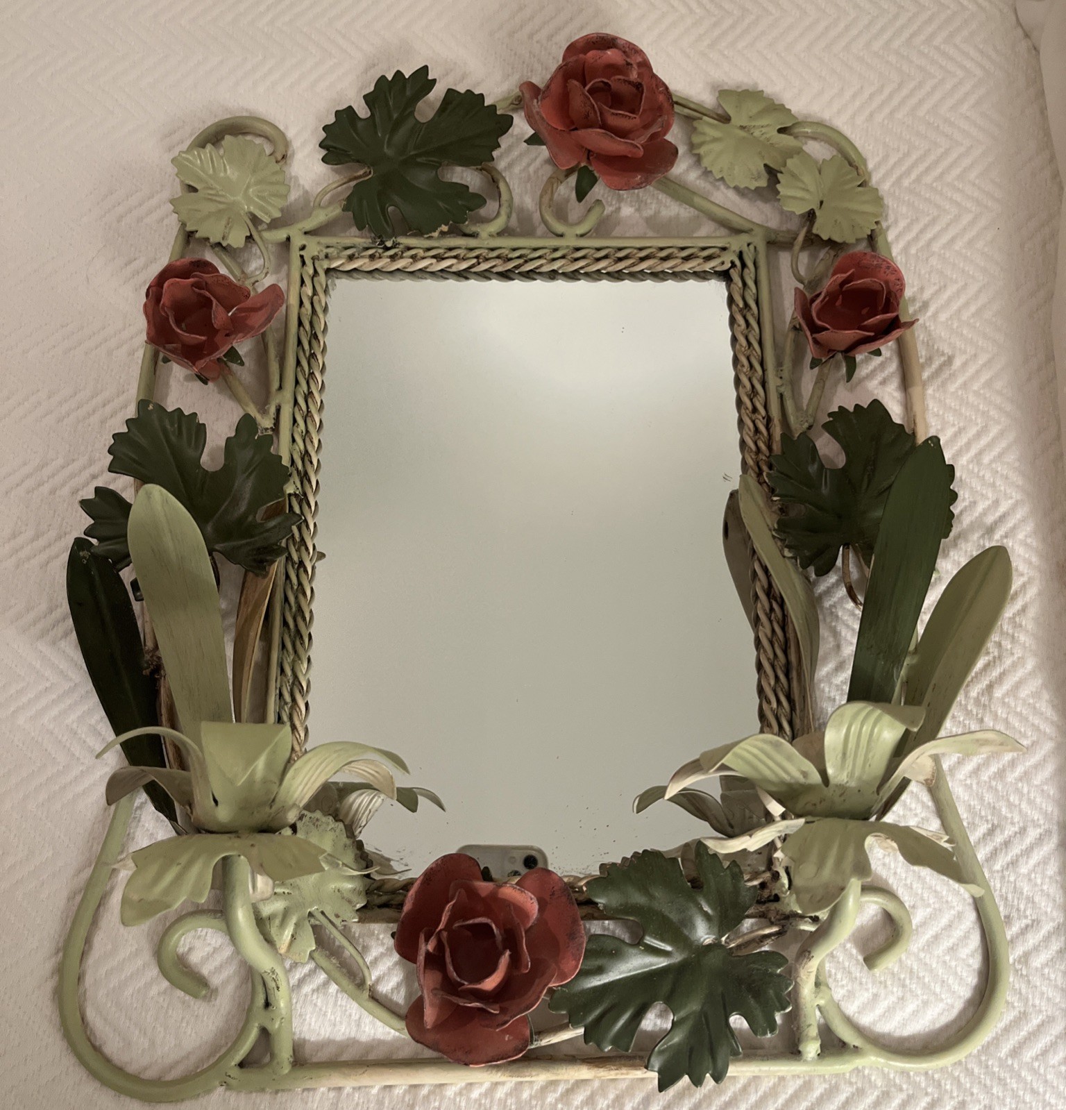 Vintage MidCentury Italian Tole Metal Wall Mirror Roses Leaves w/2 Candleholders