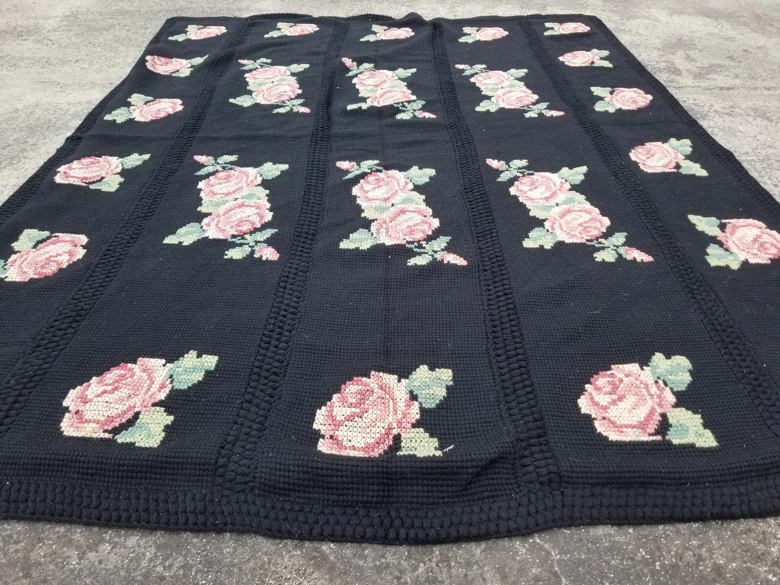 Vintage French Handmade Cross Stitch Floral Wool Black Blanket Quilt 5.8×4.5 ft