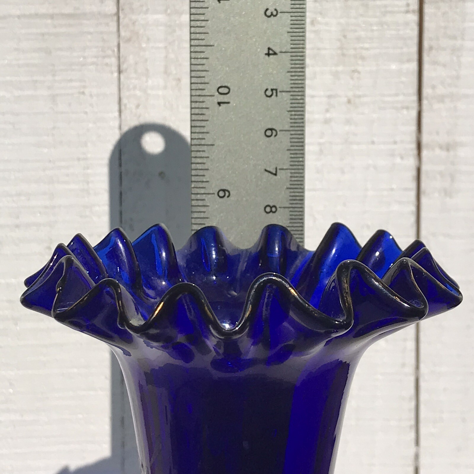 Antq Victorian Cobalt Blue Blown Glass Bulb Vase Hand Painted Gold Vtg Floral