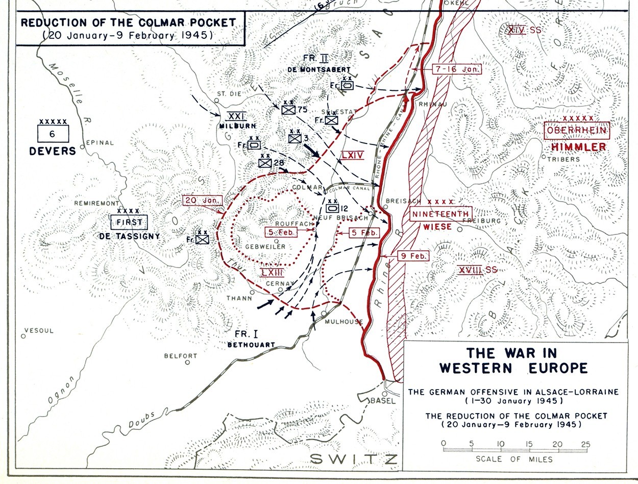 WWII Map 64 Alsace-Lorraine German Offensive Colmar Pocket Allied Rhineland Plan