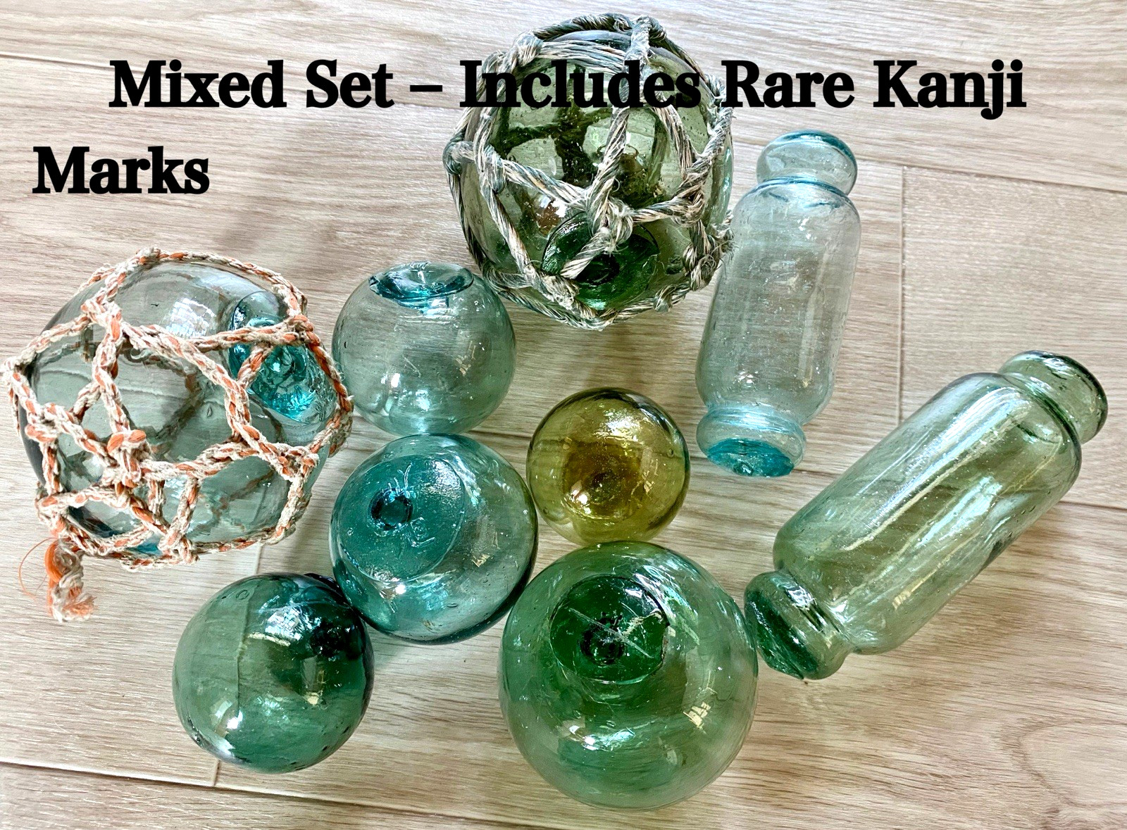 Vintage Japanese Glass Floats Set of 9 Mixed Kanji Marks Asahi Kawaguchi Rare