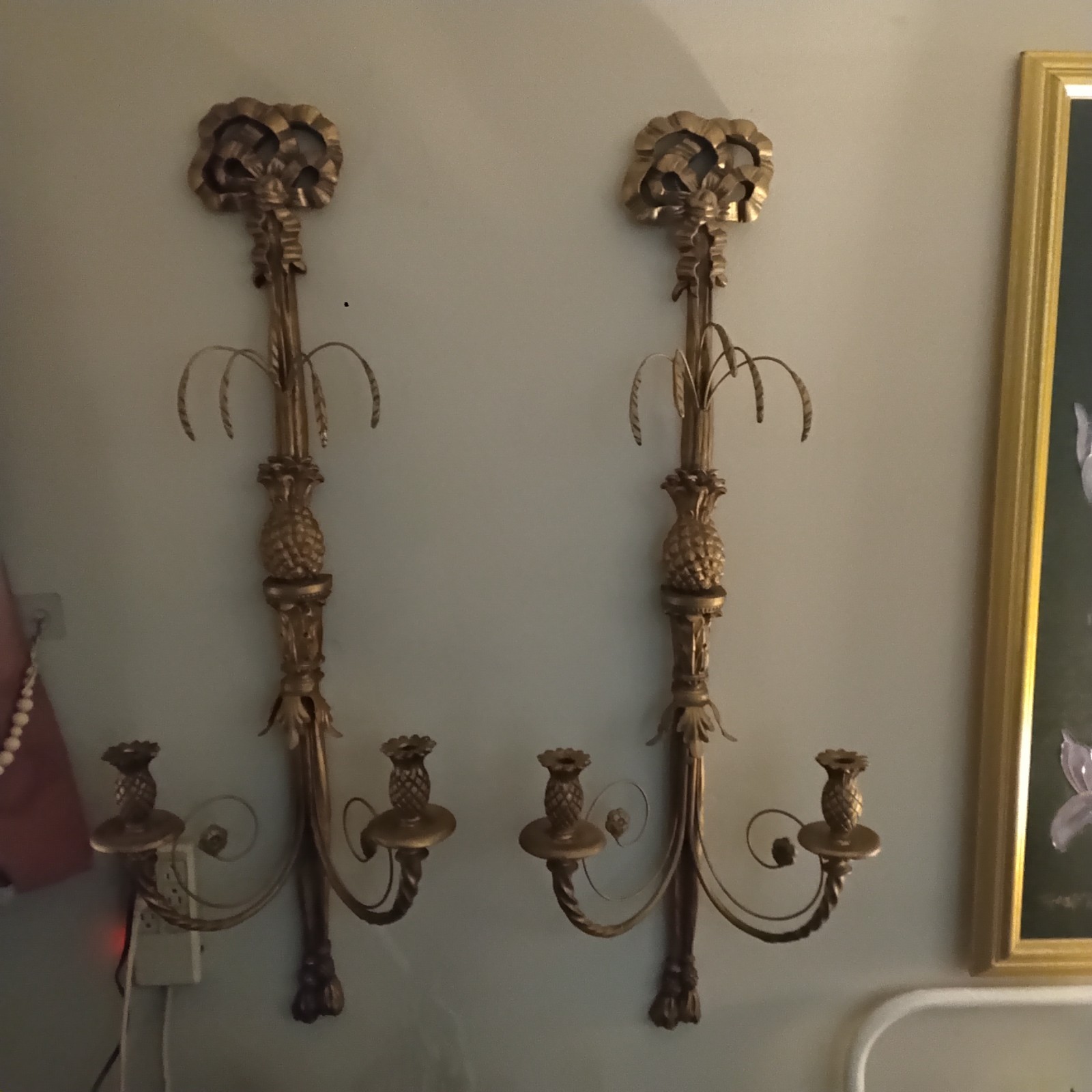 Pair of MAC Sculpture Hollywood Regency Pineapple Giltwood Wall Sconces 44″