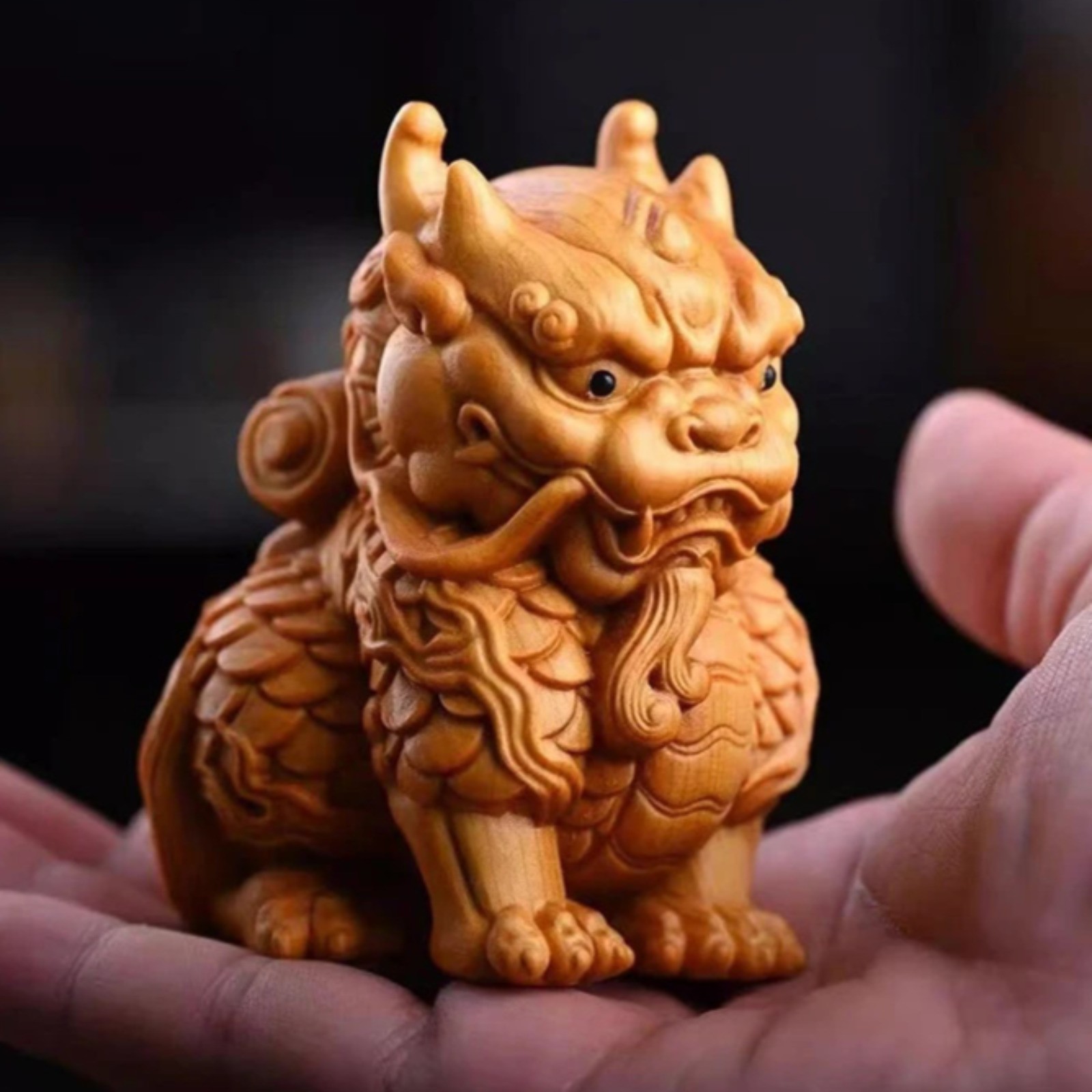 Wood Carving Qilin Feng Shui Mascot Sculptures 6cm 2.4in Wealth Luck Decor