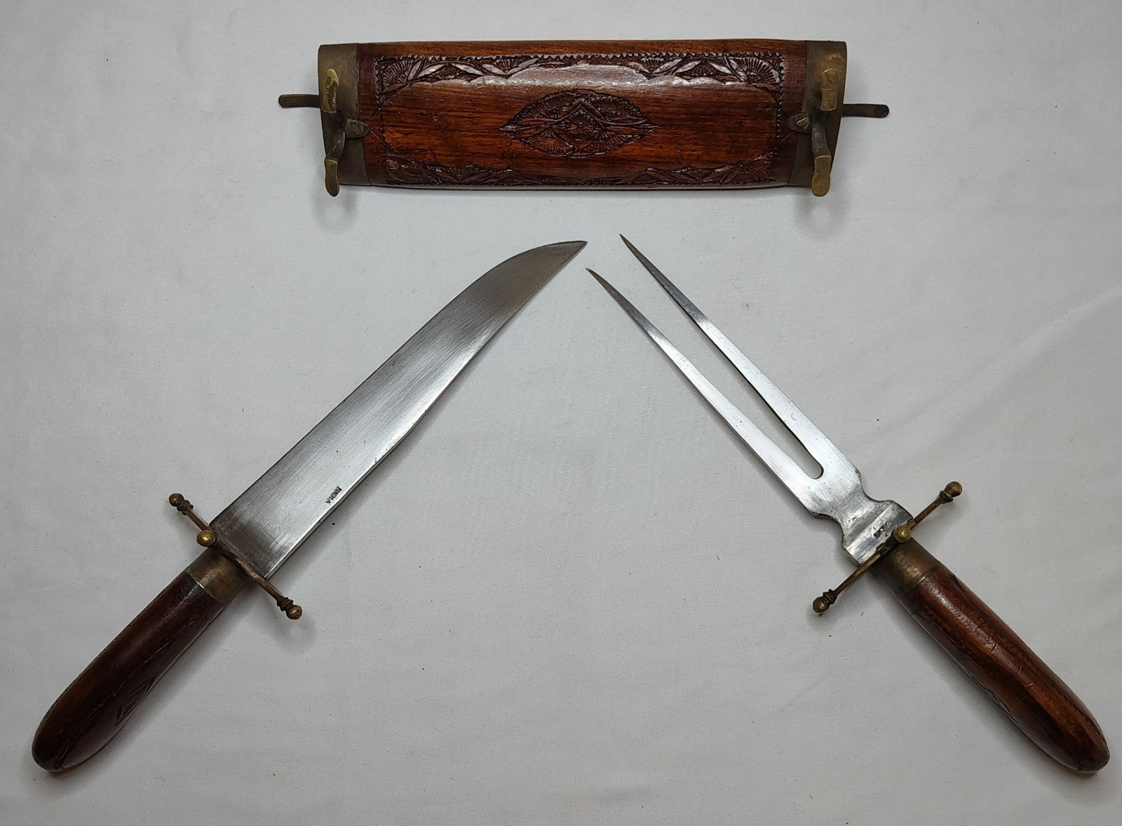 Antique Hand Carved Indian Wood and Brass Knife & Fork Cutlery Carving Set