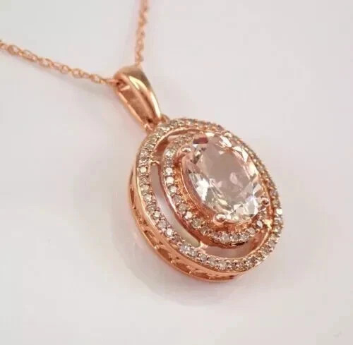 Pretty 2Ct Oval Cut Lab Created Morganite Halo Pendant 14K Rose Gold Plated 18′