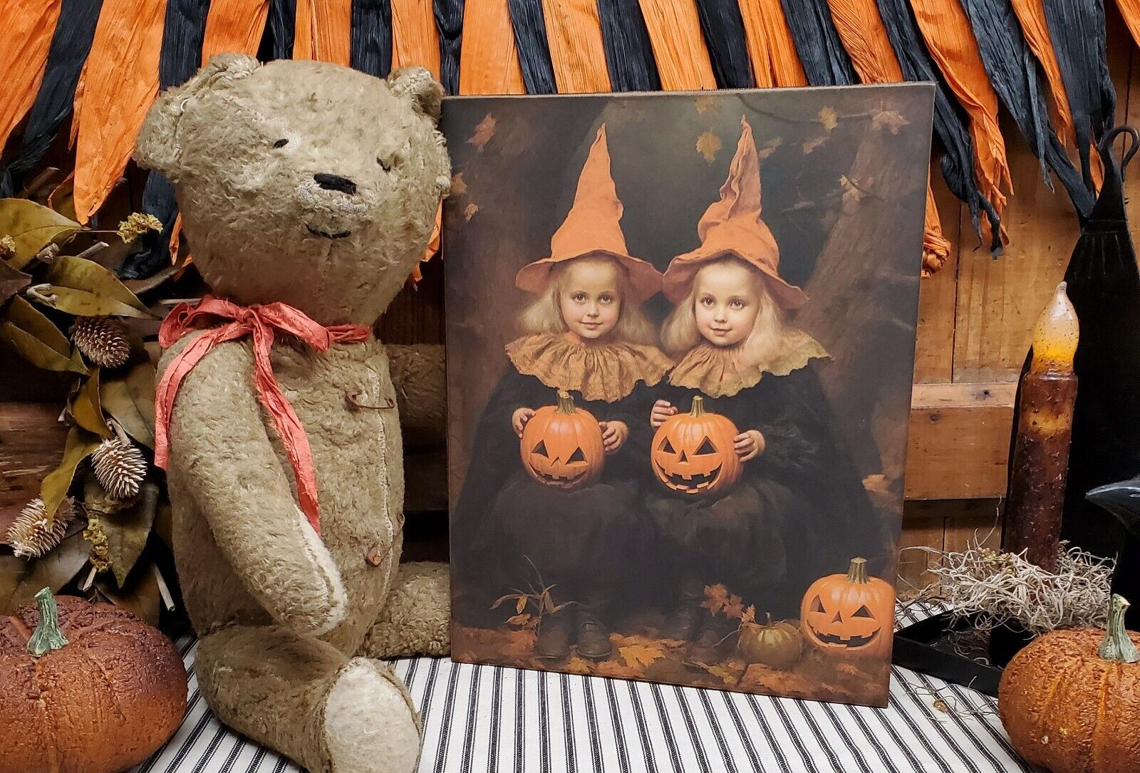 SWEET GIRLS PUMPKIN PORTRAIT VICTORIAN PRIMITIVE VINTAGE STYLE HALLOWEEN SIGN