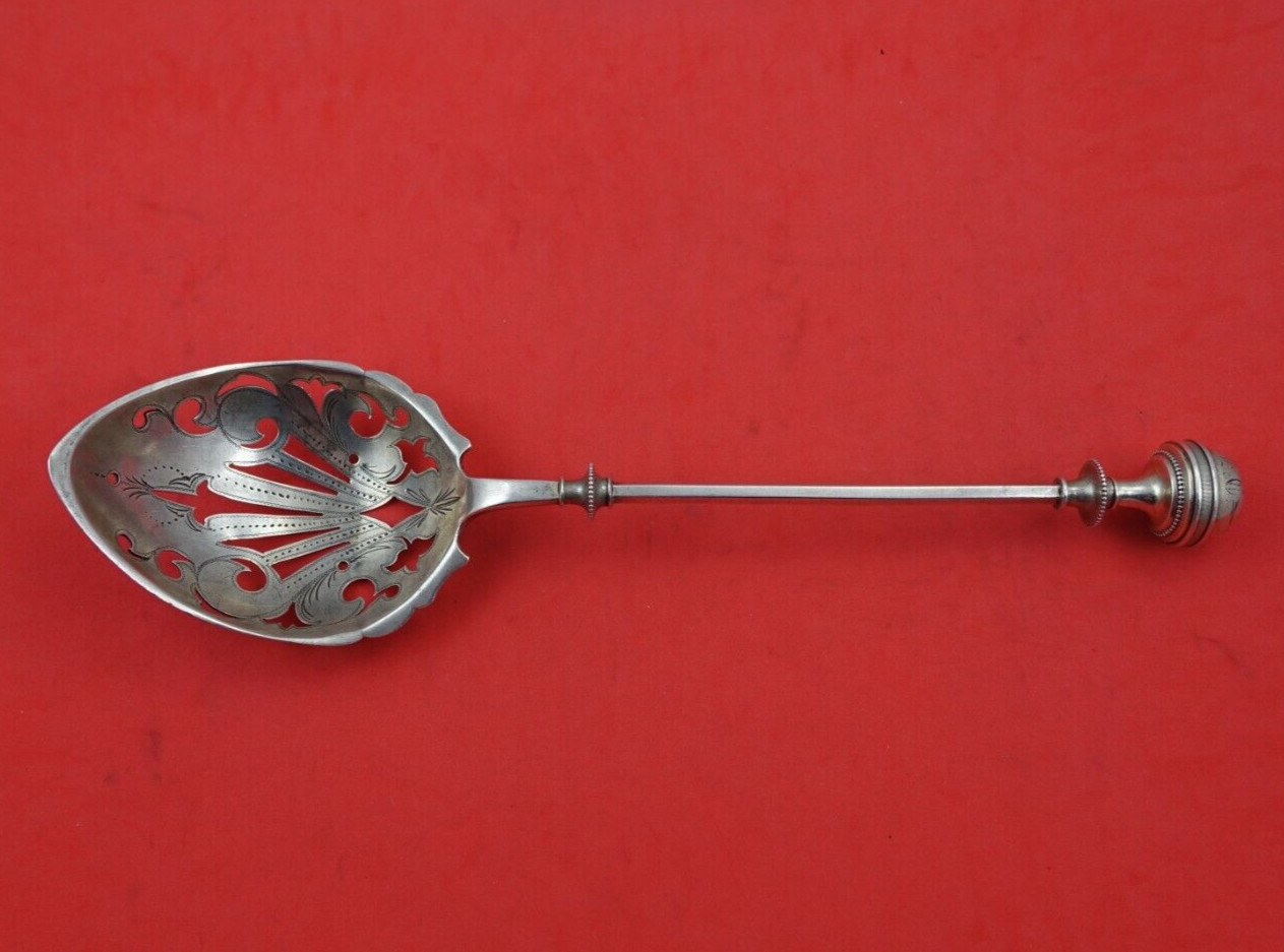 Ball End Pattern #2 by Wendt Sterling Silver Ice Spoon Bright-Cut w/ Flowers 10″