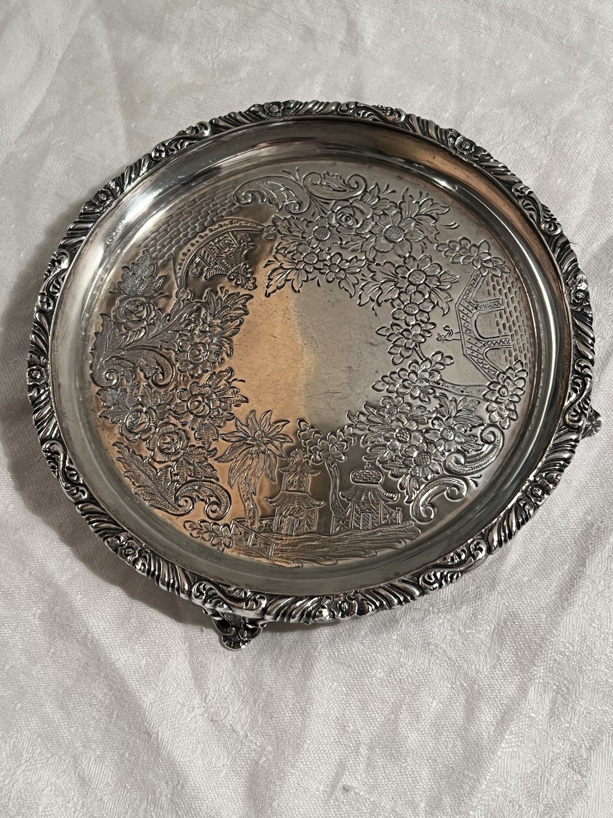 S Kirk & Son Chinoiserie Engraved Sterling Silver Salver Tray #1906 6-5/8”
