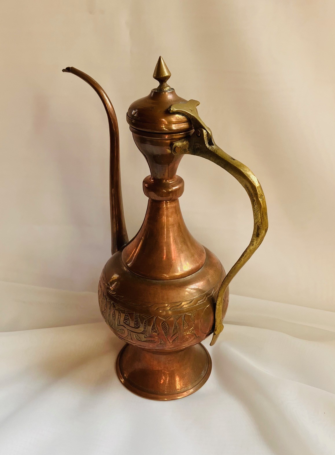 Vintage Islamic Middle Eastern Hand-forged and Engraved Copper Rosewater Ewer