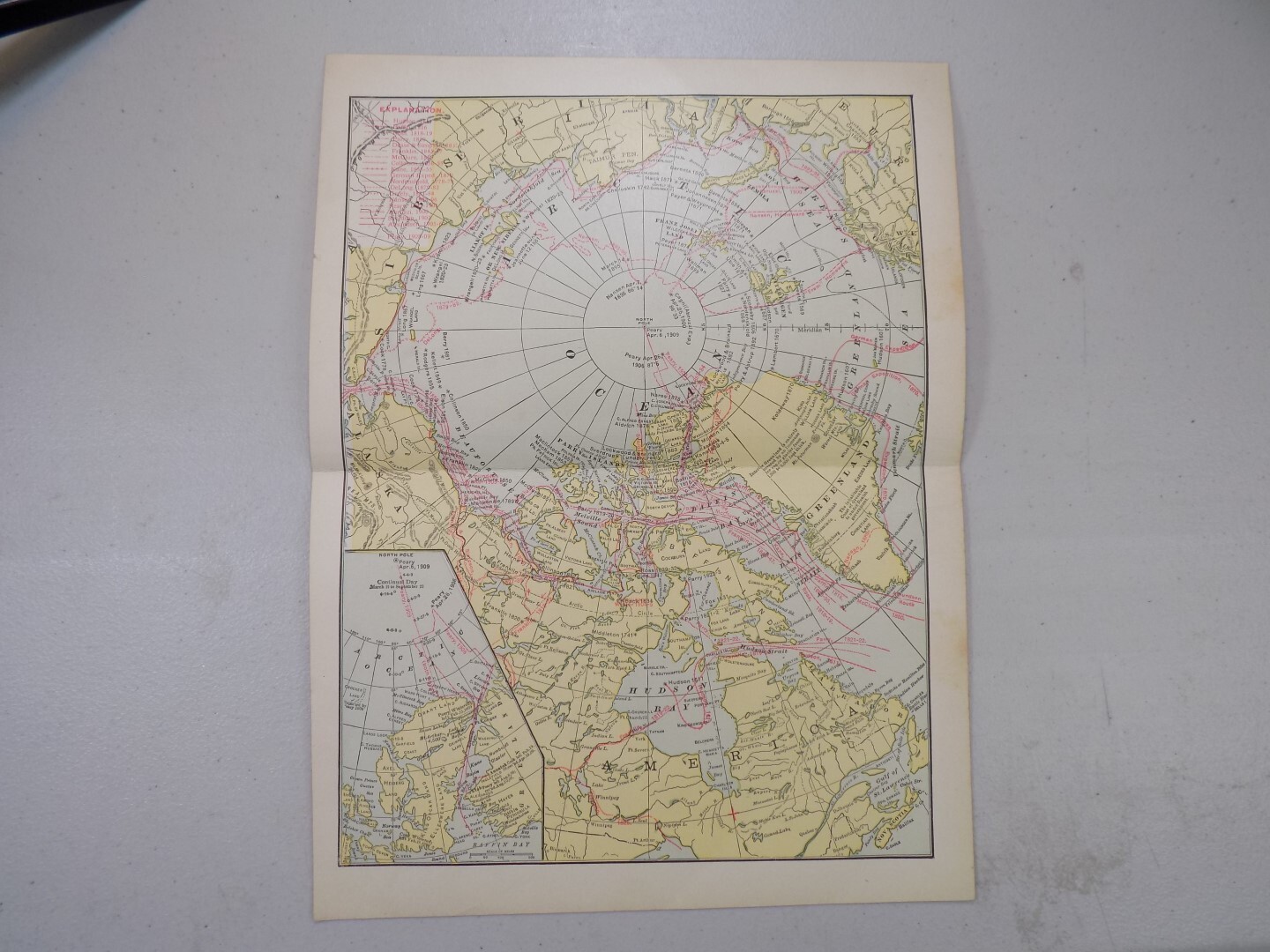 1914 Antique COLOR Map / THE NORTHERN HEMISPHERE FROM THE NORTH POLE