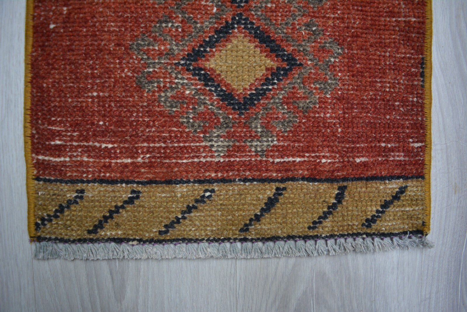 Red Antique Handmade Rug, 1.2×3.2ft, Turkish Geometric Rug, Vintage Door Mat,