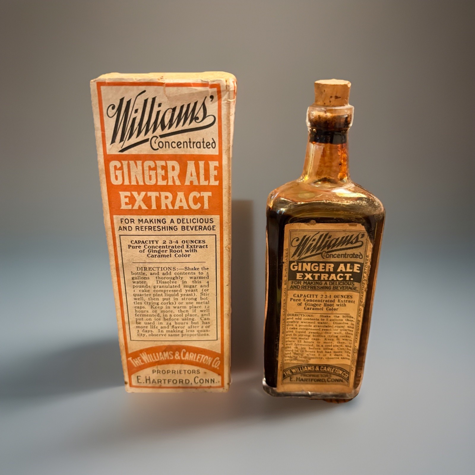 Antique Williams Carleton Ginger Ale Extract Bottle w/Box E Hartford c1895-1915