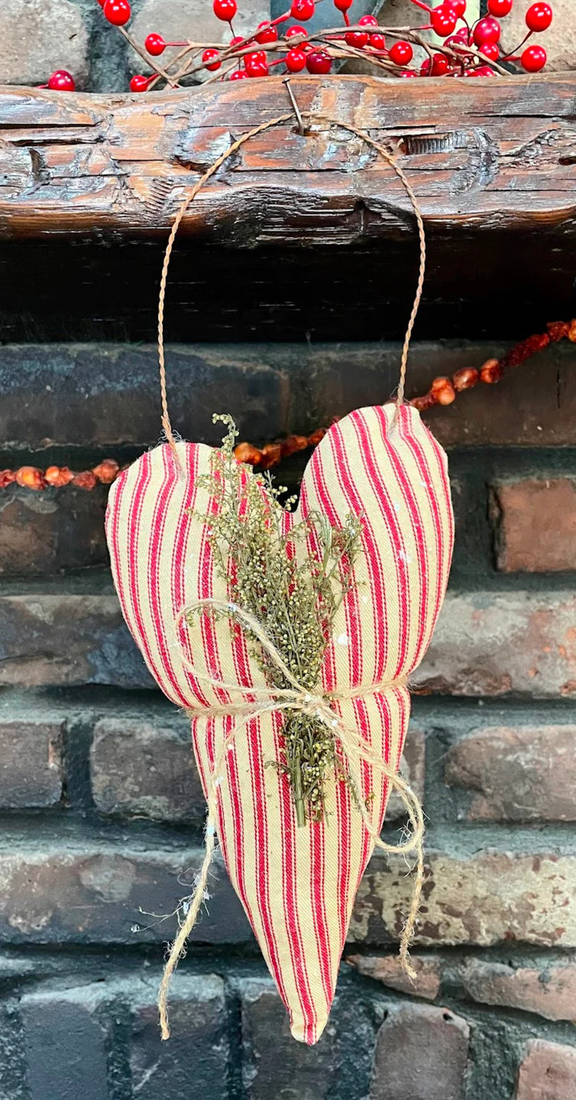 Primitive Colonial Handcrafted Hanging Red Ticking Fabric Heart Sweet Annie