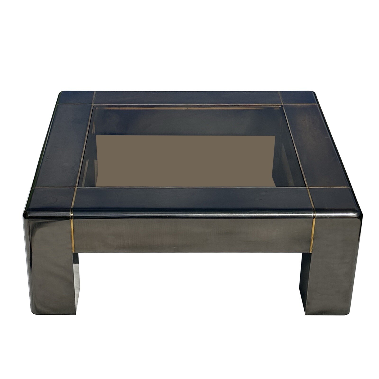 Vtg Karl Springer Gunmetal Brass Coffee Table Smoked Glass Post Modern 1970s-80s