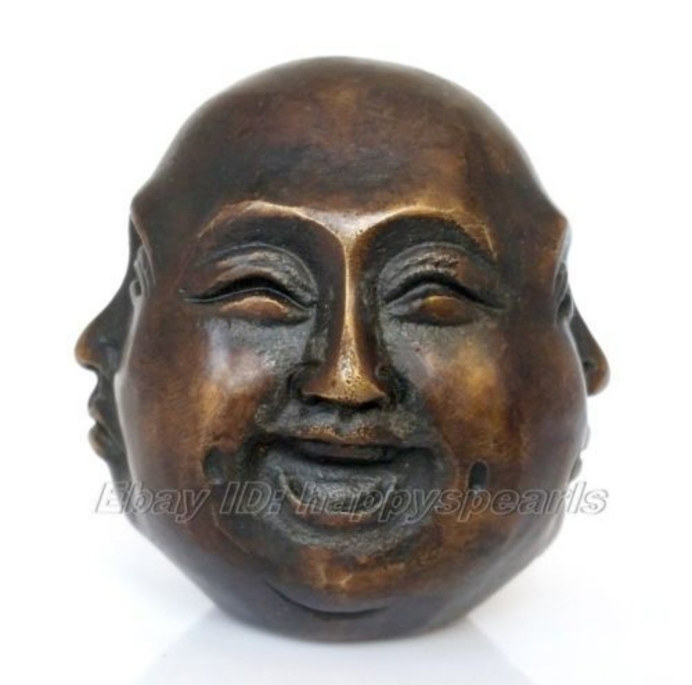 Antique Old Folk Classic Bronze Buddhism Buddha Head Sculpture Statue 4 Faces6CM