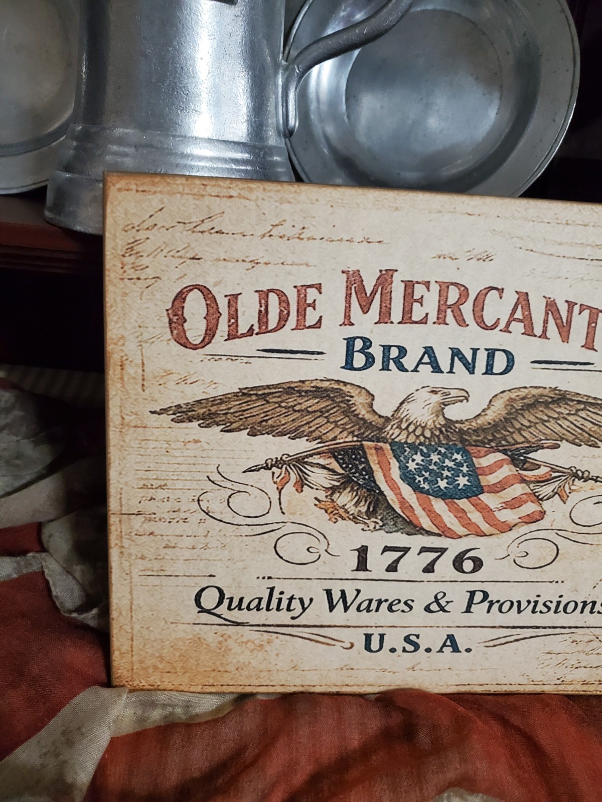 VINTAGE PRIMITIVE COLONIAL STYLE PATRIOTIC 1776 OLDE MERCANTILE STORE USA SIGN