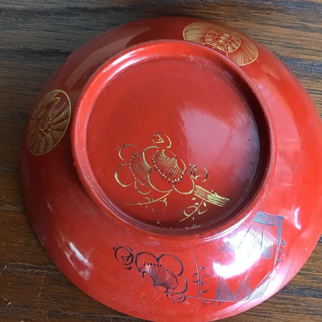 N/A Wajima Lacquer Red Ground Crane Turtle Plum MakiE Soup Bowls 5 Set
