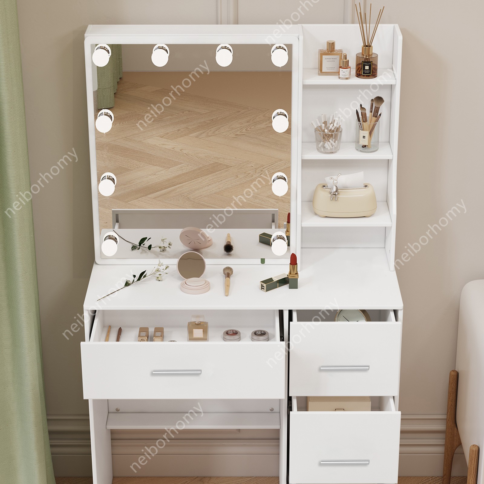 Small Vanity Desk Set White Dressing Table Desk and Drawer LED Makeup Mirror