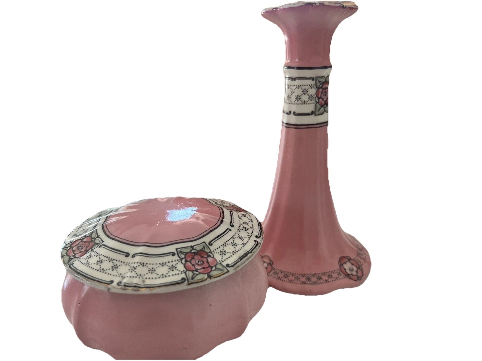 Art Deco Candlestick and Powder Box/Trinket Box Set for vanity Pink floral
